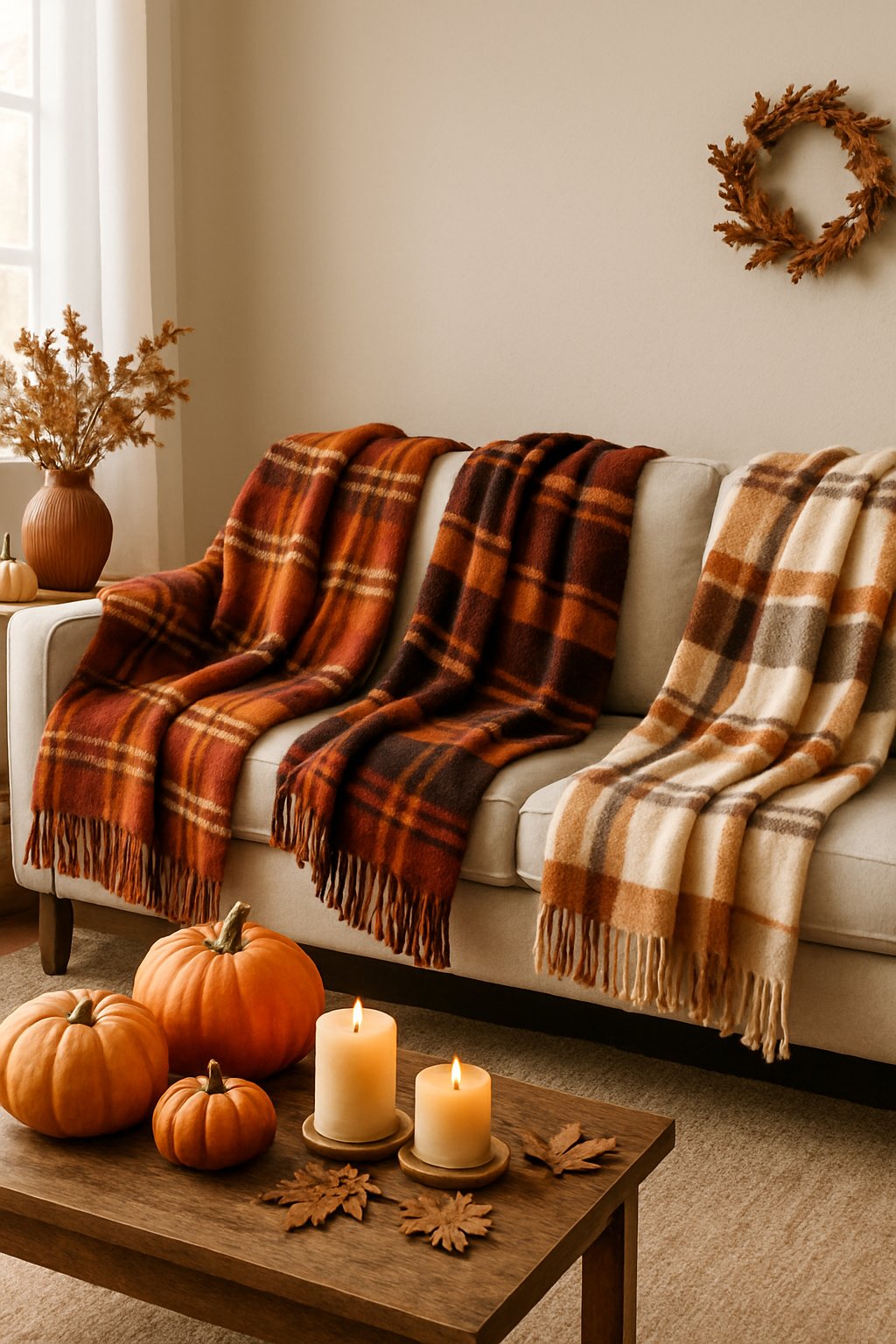 A sofa with plaid throw blankets draped over it surrounded by fall decorations like pumpkins and candles.