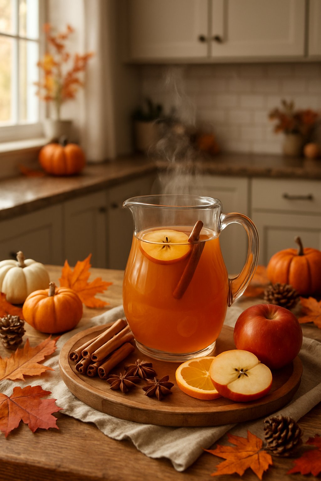 A kitchen counter with a hot apple cider pitcher surrounded by cinnamon sticks, apples, pumpkins, and autumn leaves.