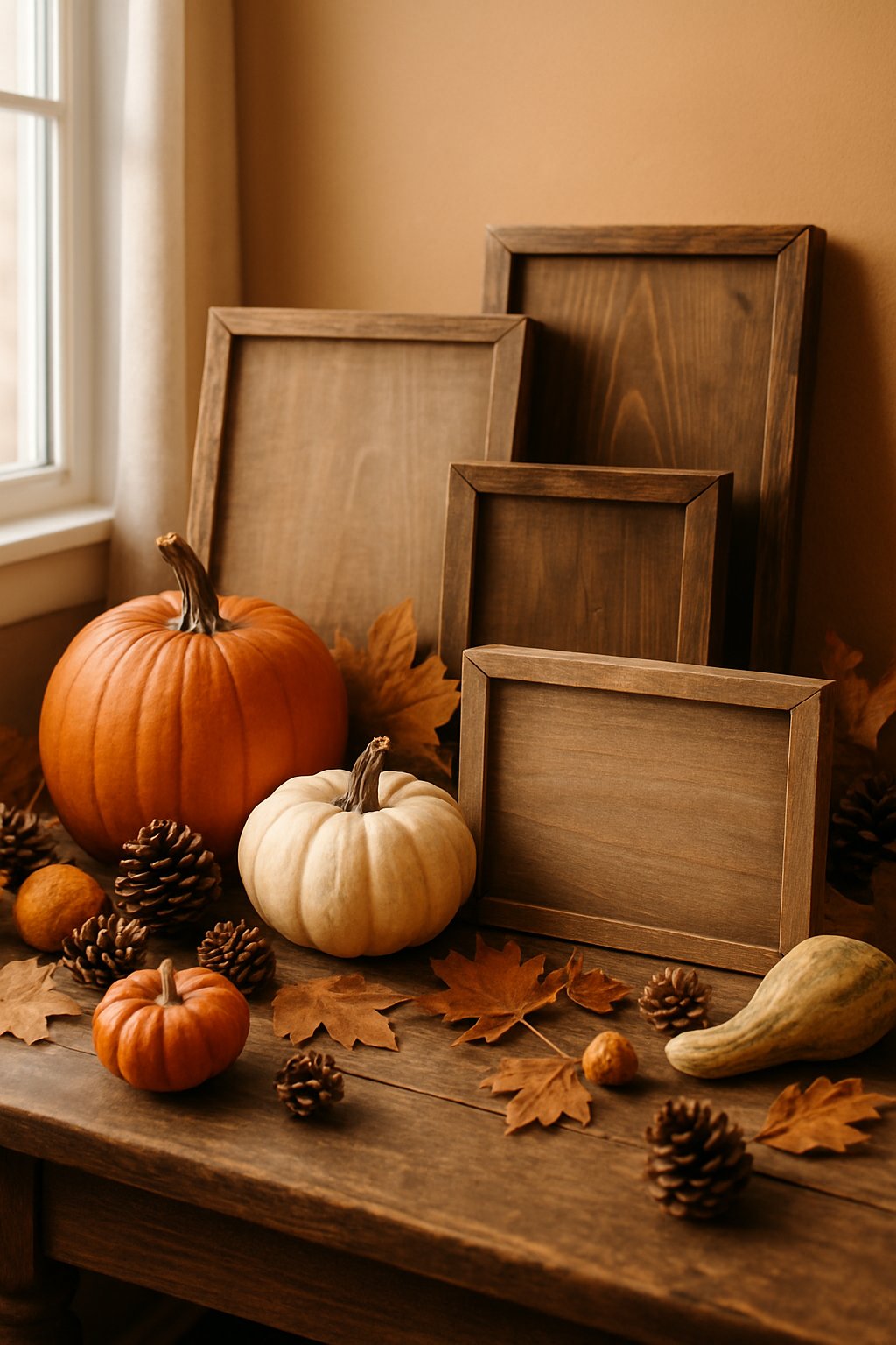 A cozy indoor scene with rustic wooden signs and autumn decorations like pumpkins, pine cones, and dried leaves arranged on a table.