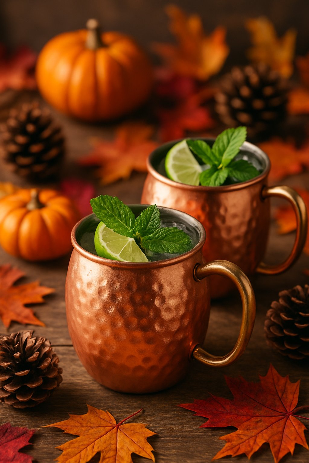 Copper mugs filled with Moscow mule cocktails surrounded by autumn decorations including pumpkins, fall leaves, and pine cones on a wooden surface.