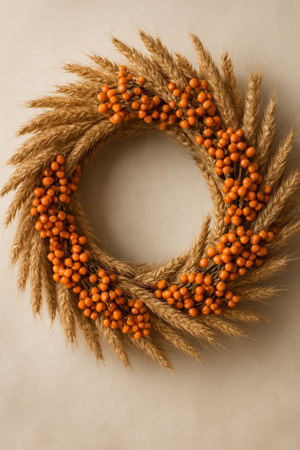 A wreath made of dried wheat stalks and orange berries hanging against a neutral background.