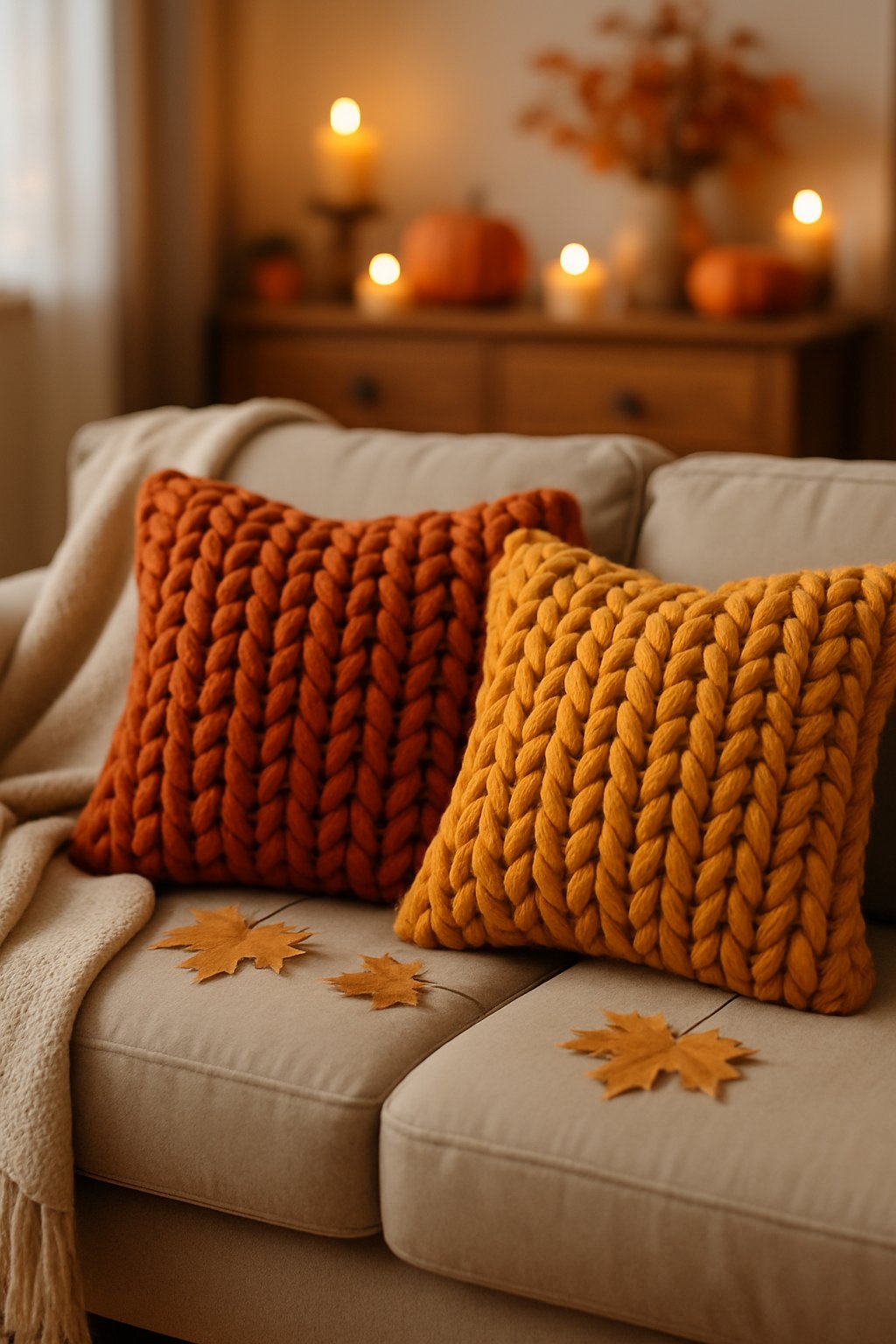 A sofa with chunky knit pillows in burnt orange and mustard colors surrounded by fall decorations like leaves and small pumpkins.