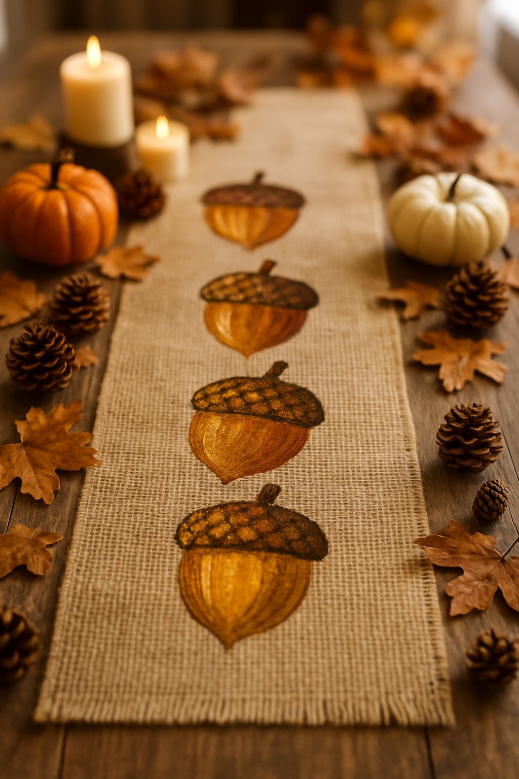 A fall-themed table with a burlap table runner decorated with painted acorns, surrounded by pumpkins, pine cones, dried leaves, and candles.