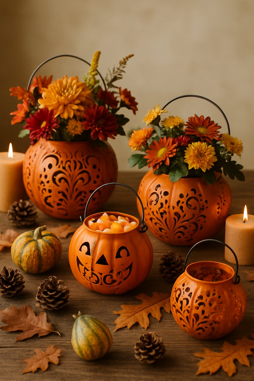Several stenciled pumpkin buckets filled with autumn flowers and candy arranged on a wooden table with fall leaves and decorations.
