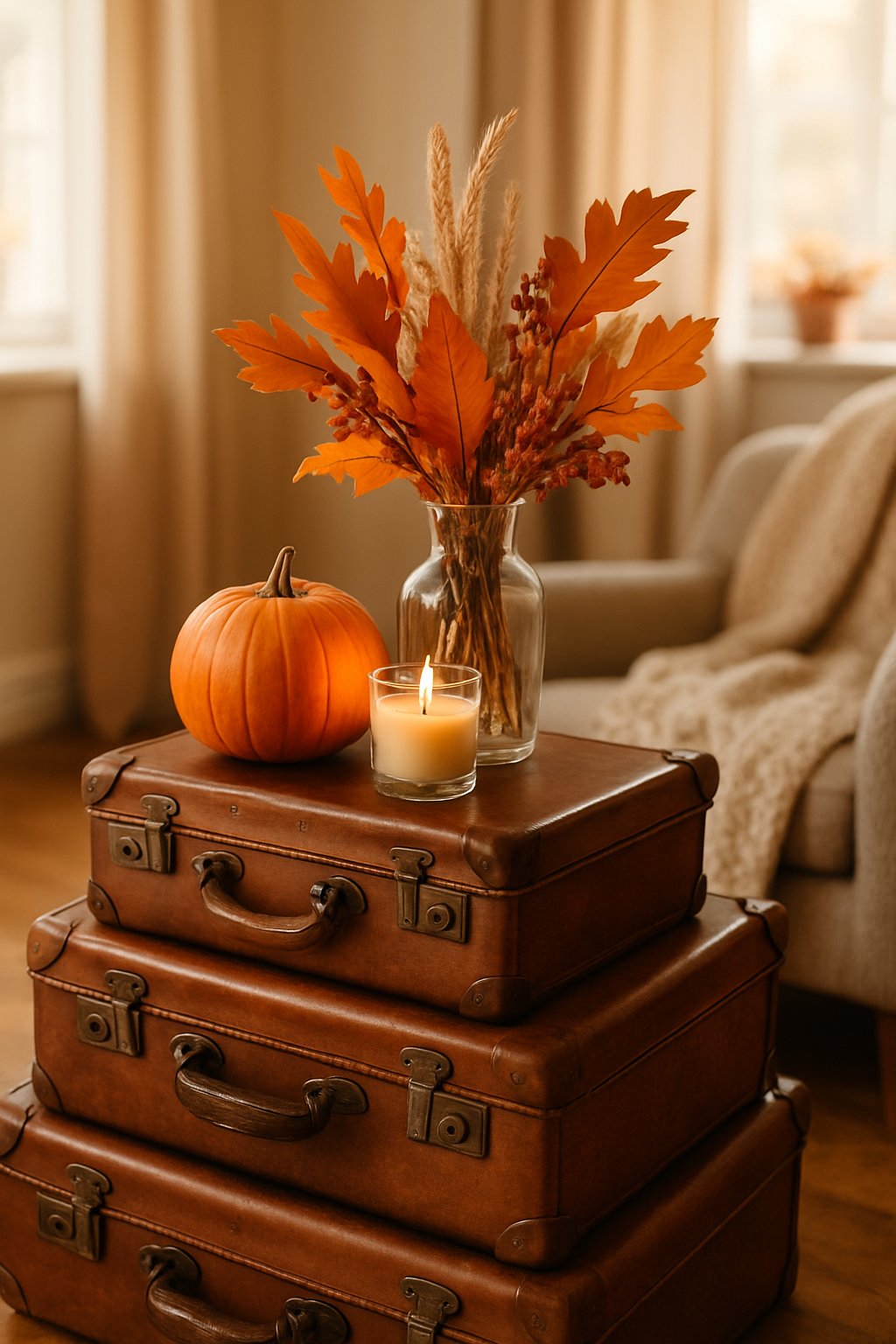 Stacked vintage suitcases used as a side table decorated with a small pumpkin, candle, and vase of fall leaves in a cozy room.