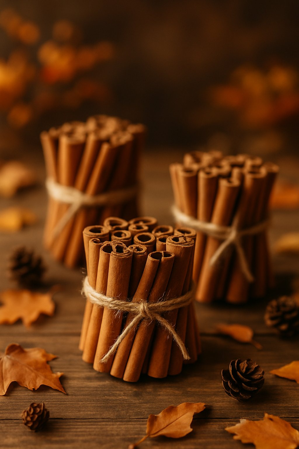 Bundles of cinnamon sticks tied with twine arranged on a wooden surface with fall leaves and pinecones nearby.