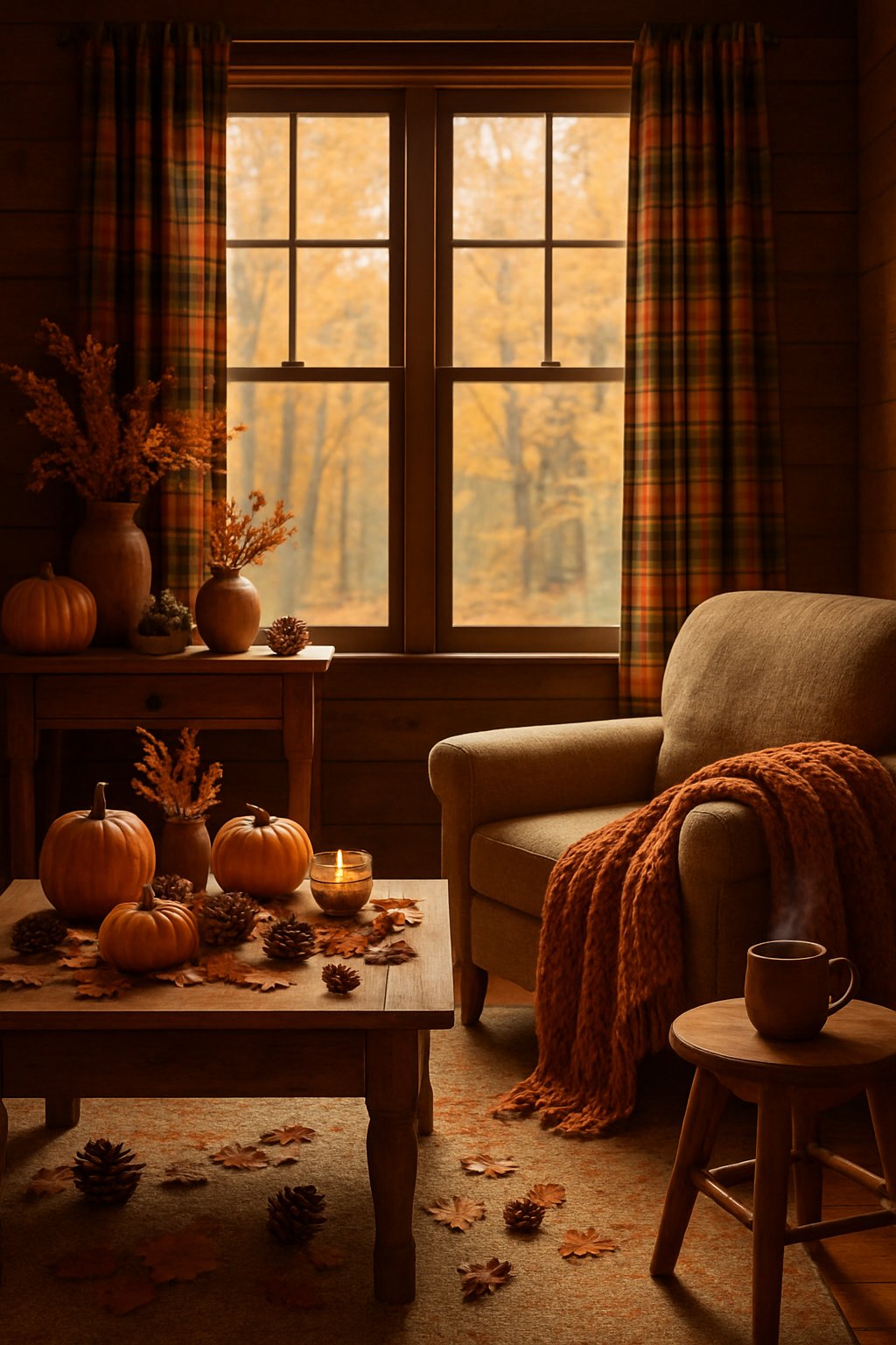 A living room with plaid curtains, autumn decorations, and a view of trees through the window.