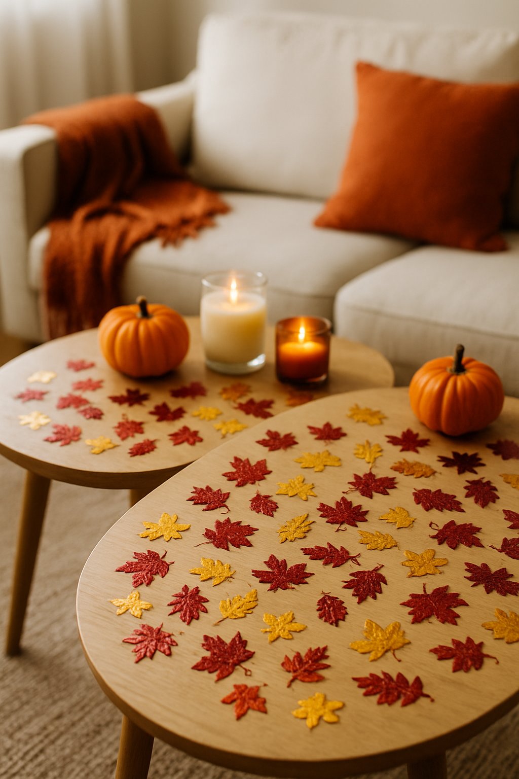 Coffee tables decorated with crimson and gold leaf-shaped confetti and autumn decor items.