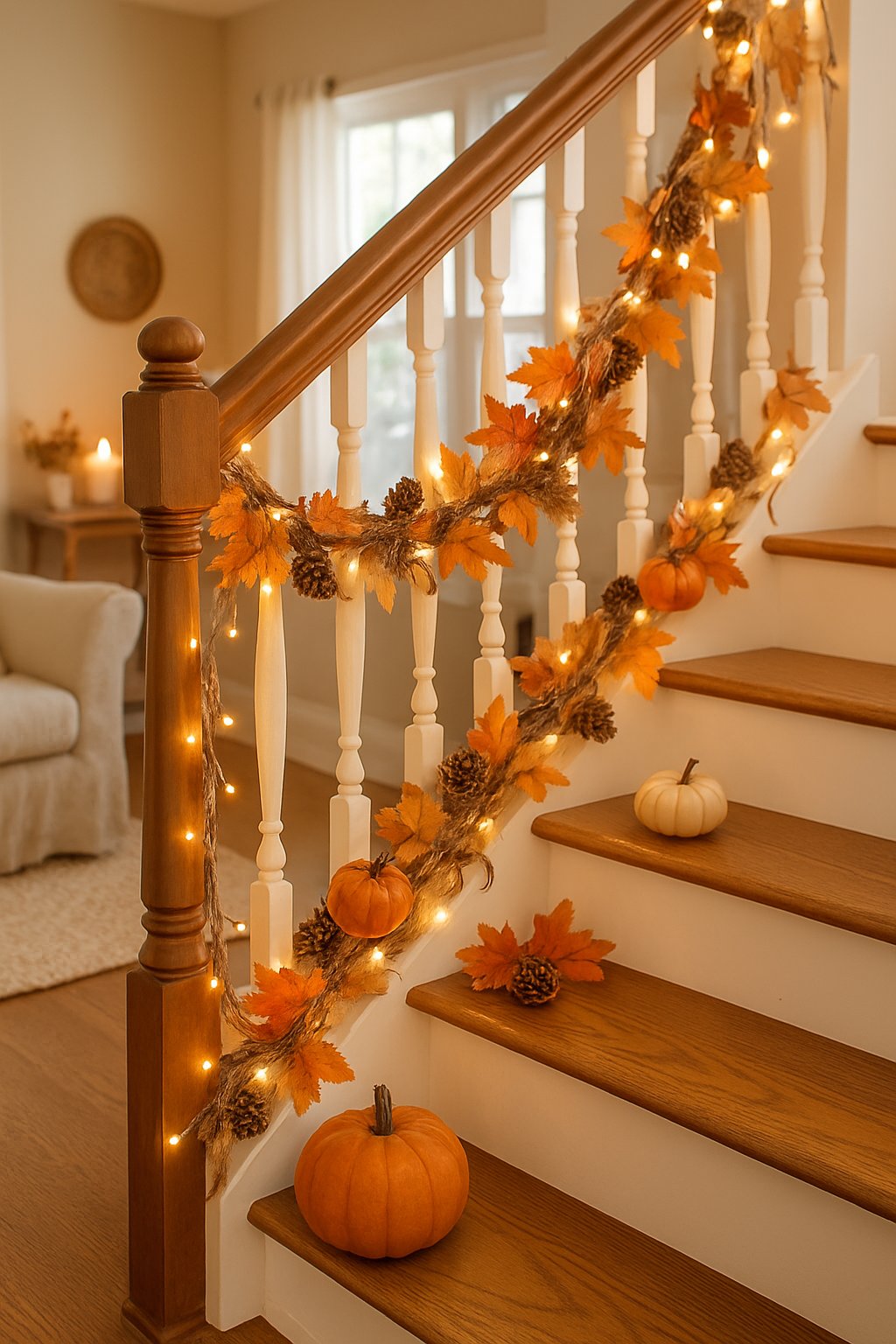 A staircase banister wrapped with glowing string lights and decorated with pumpkins, fall leaves, and pinecones in a cozy home setting.