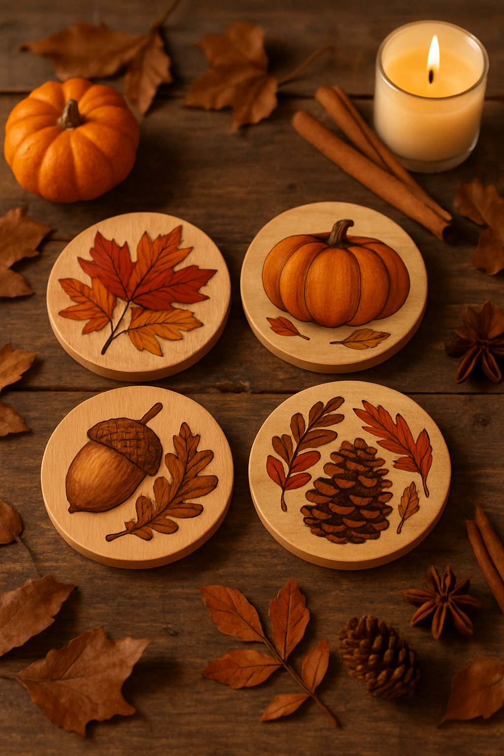 Personalized wooden coasters with fall designs arranged on a wooden table surrounded by autumn decorations.