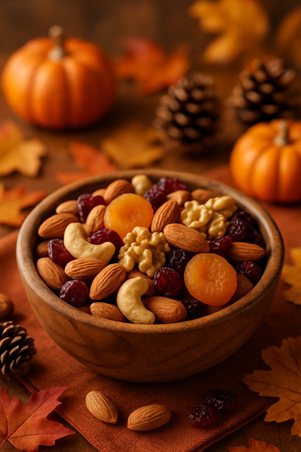 A wooden bowl filled with assorted nuts and dried fruits surrounded by autumn leaves, small pumpkins, and pine cones on a fall-themed table.