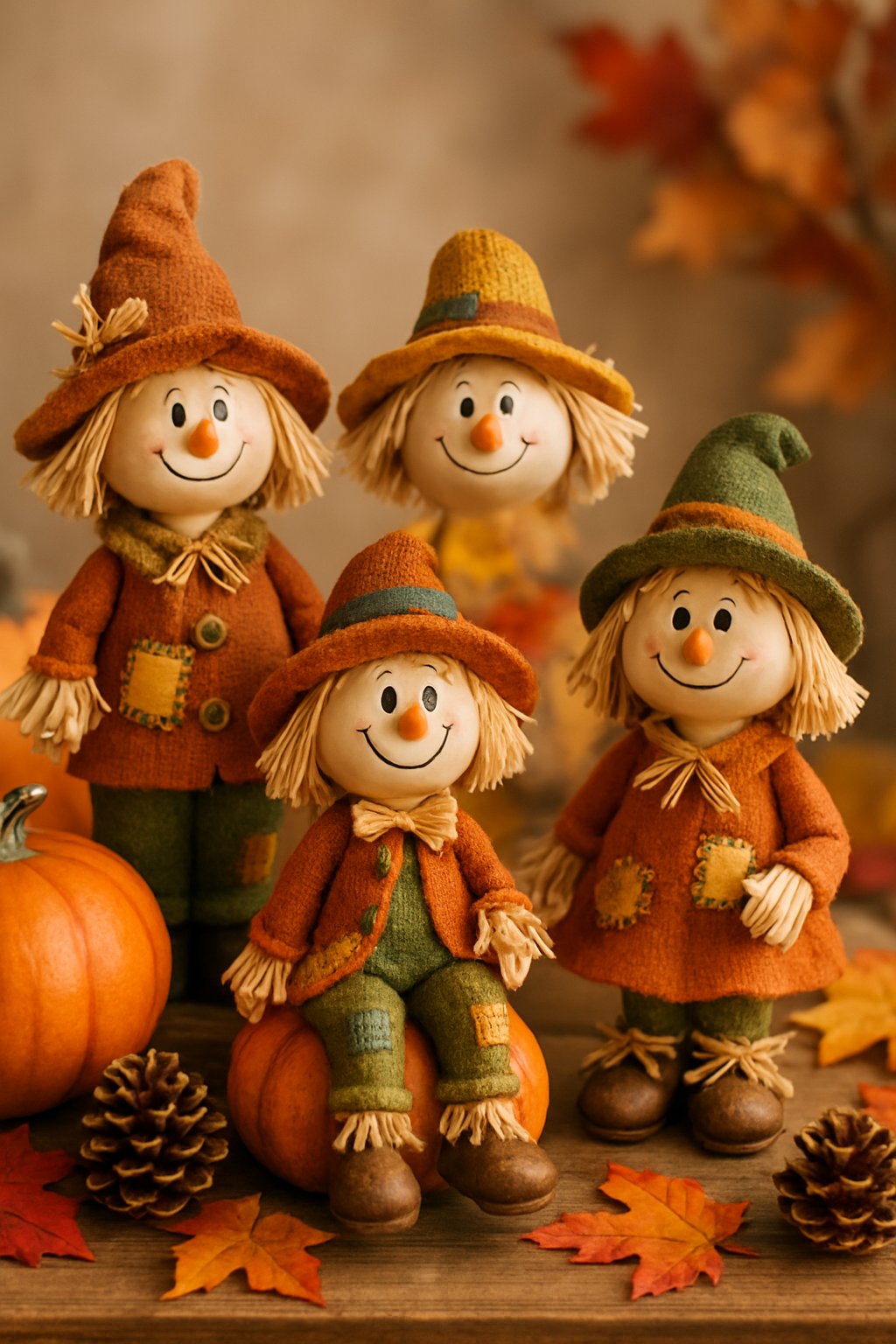 A group of playful scarecrow figurines with silly faces surrounded by pumpkins, leaves, and fall decorations inside a home.