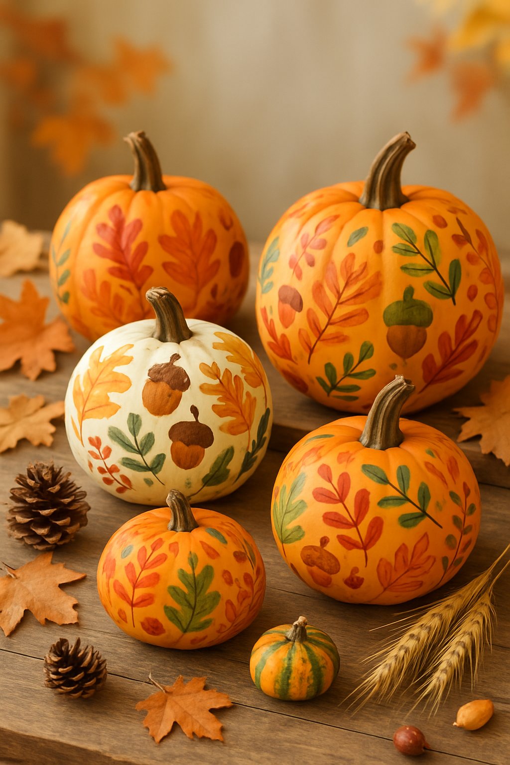 A collection of hand-painted pumpkins with colorful fall designs arranged on a wooden table surrounded by autumn leaves and seasonal decorations.