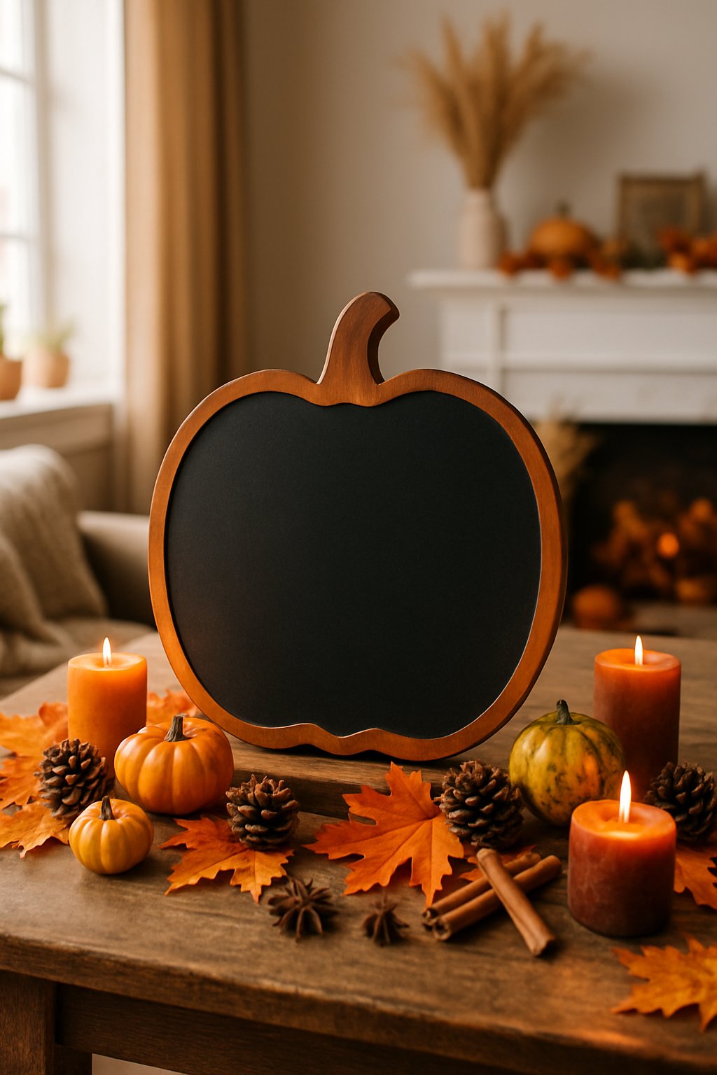 A pumpkin-shaped chalkboard on a wooden table surrounded by autumn leaves, small pumpkins, pinecones, and candles in a cozy home setting.
