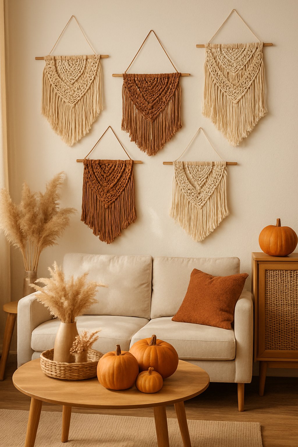 A cozy living room with macramé wall hangings and fall decorations including pumpkins and dried plants.
