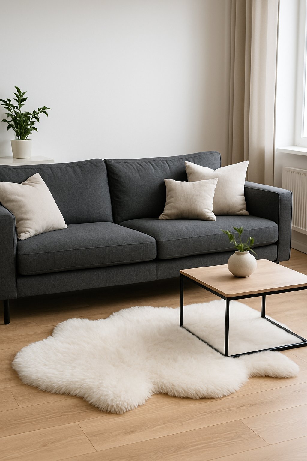 Living room with a charcoal gray couch and a white sheepskin rug on a wooden floor.
