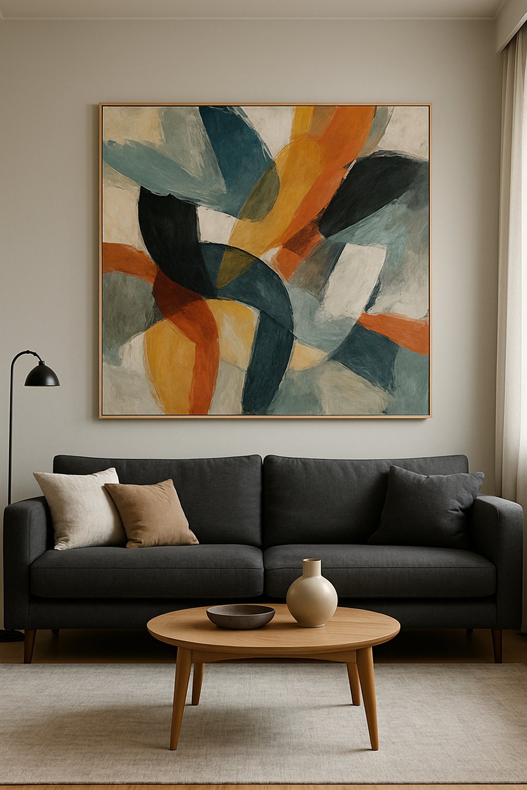 A living room with a large charcoal couch and a giant abstract painting hanging above it.