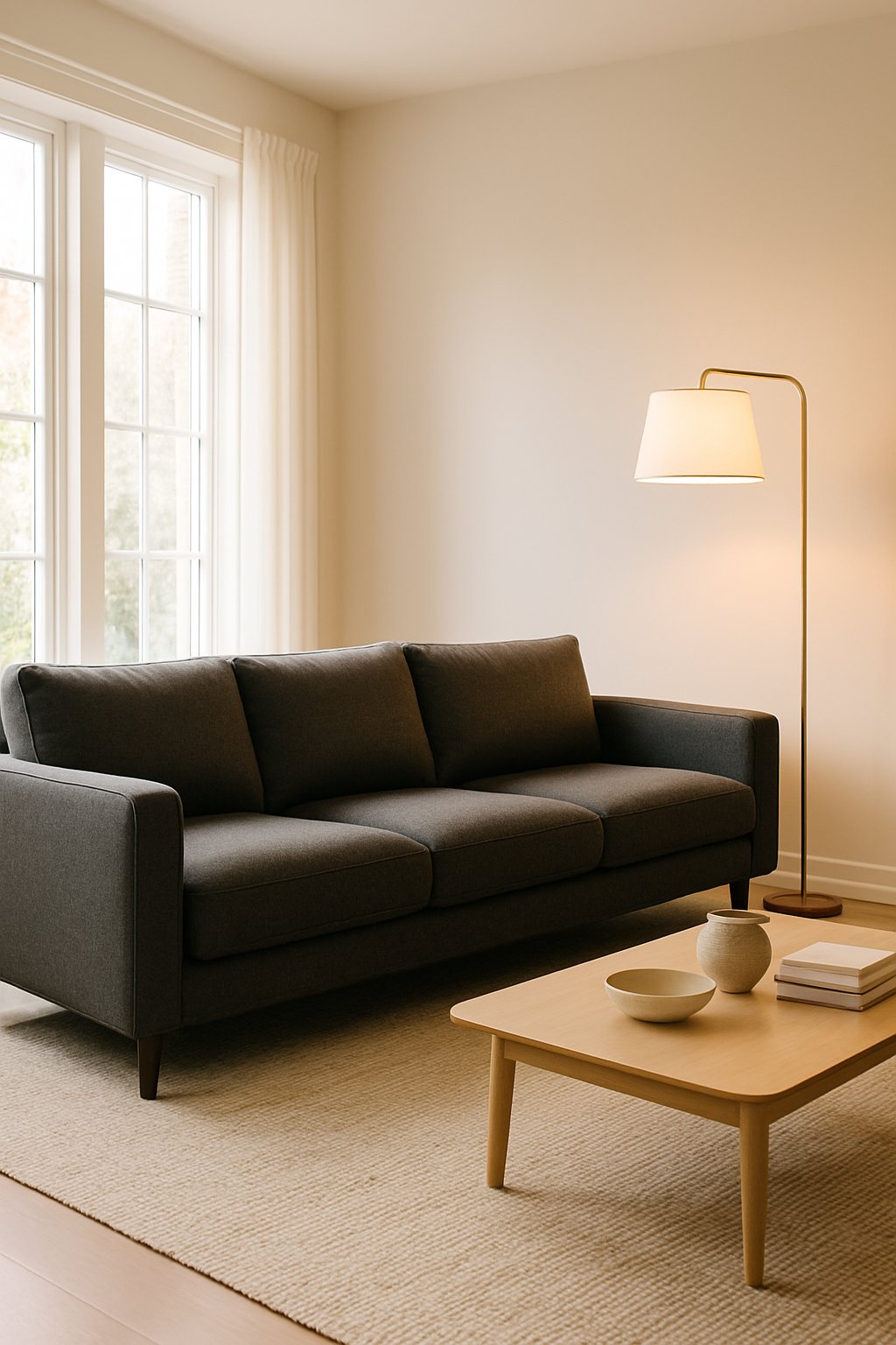 A living room with a large charcoal couch and a floor lamp standing next to it, illuminated by natural light.