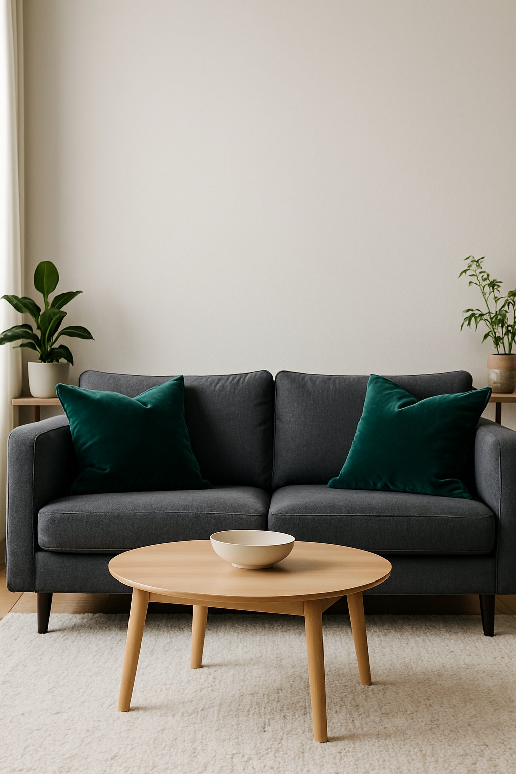 Living room with a charcoal gray couch and deep green velvet cushions, a coffee table, and plants.