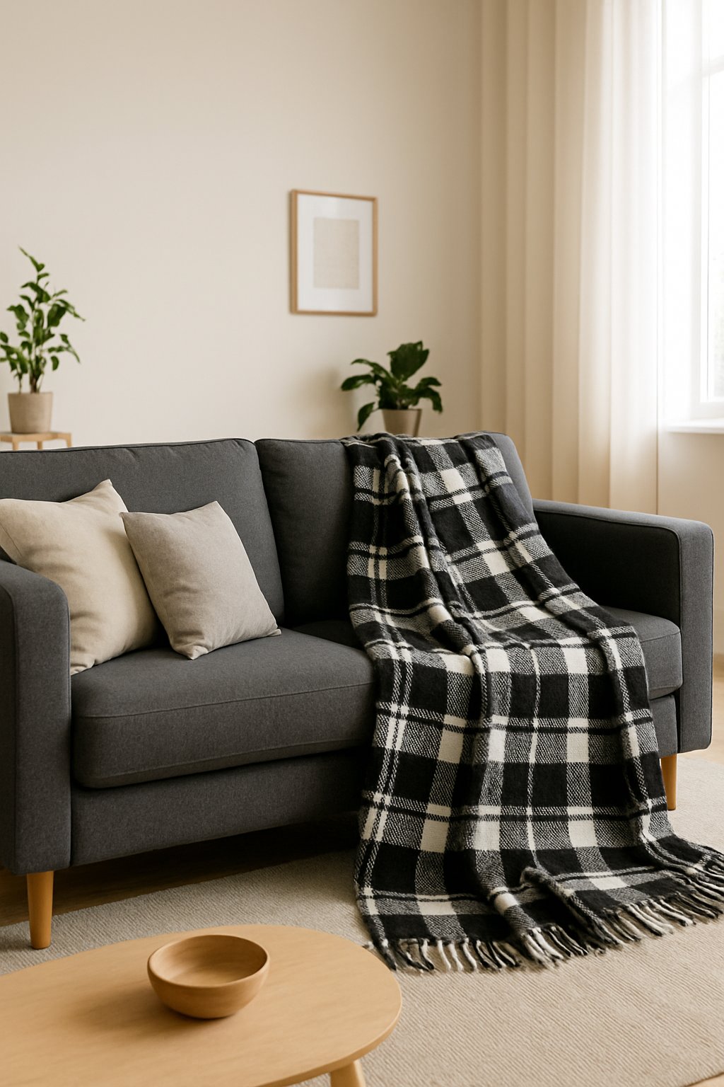 A living room with a charcoal gray couch covered by a black and white plaid blanket, surrounded by plants and a wooden coffee table.