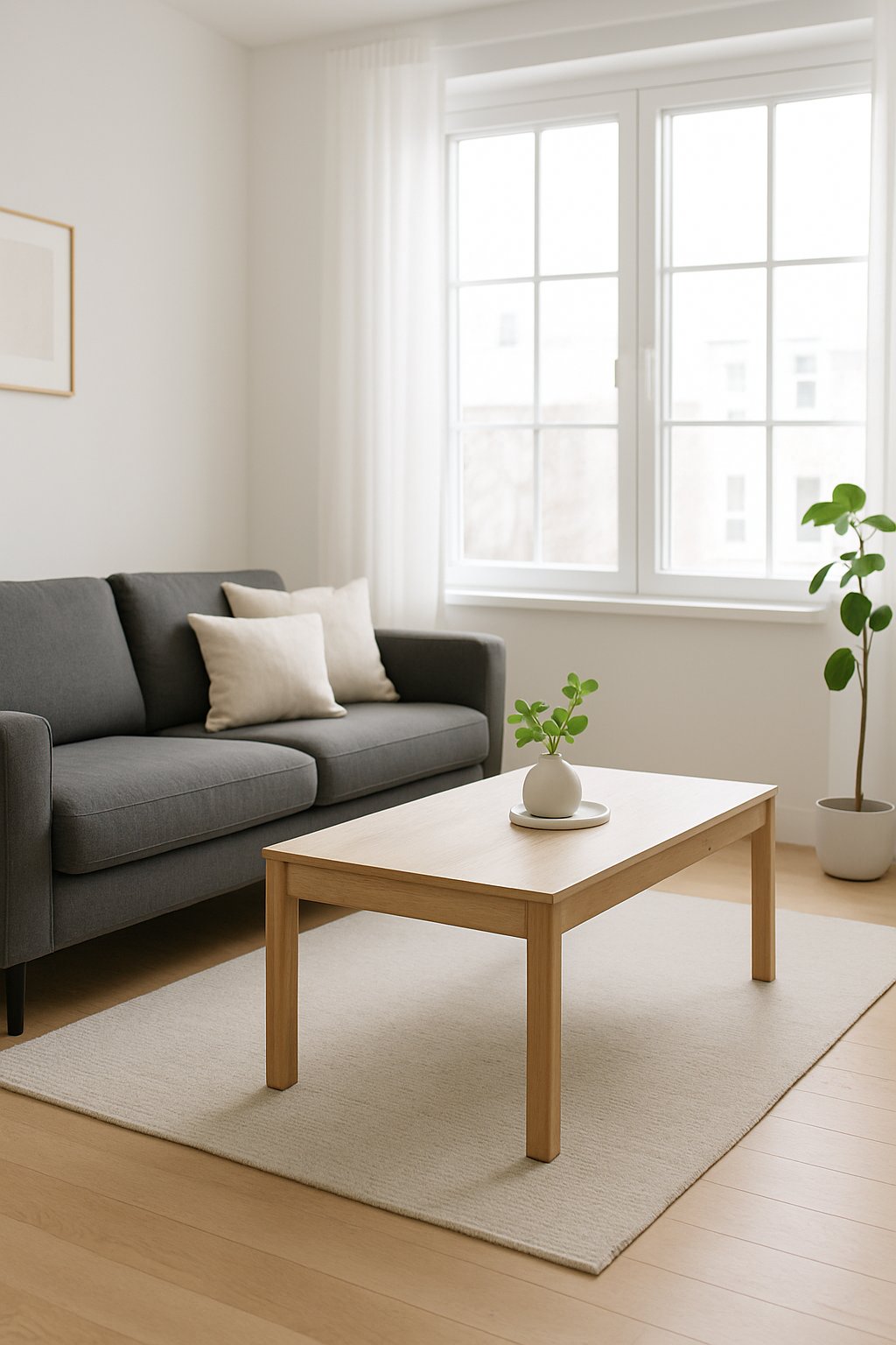 Living room with a charcoal gray couch and a wooden coffee table in front, illuminated by natural light from large windows.