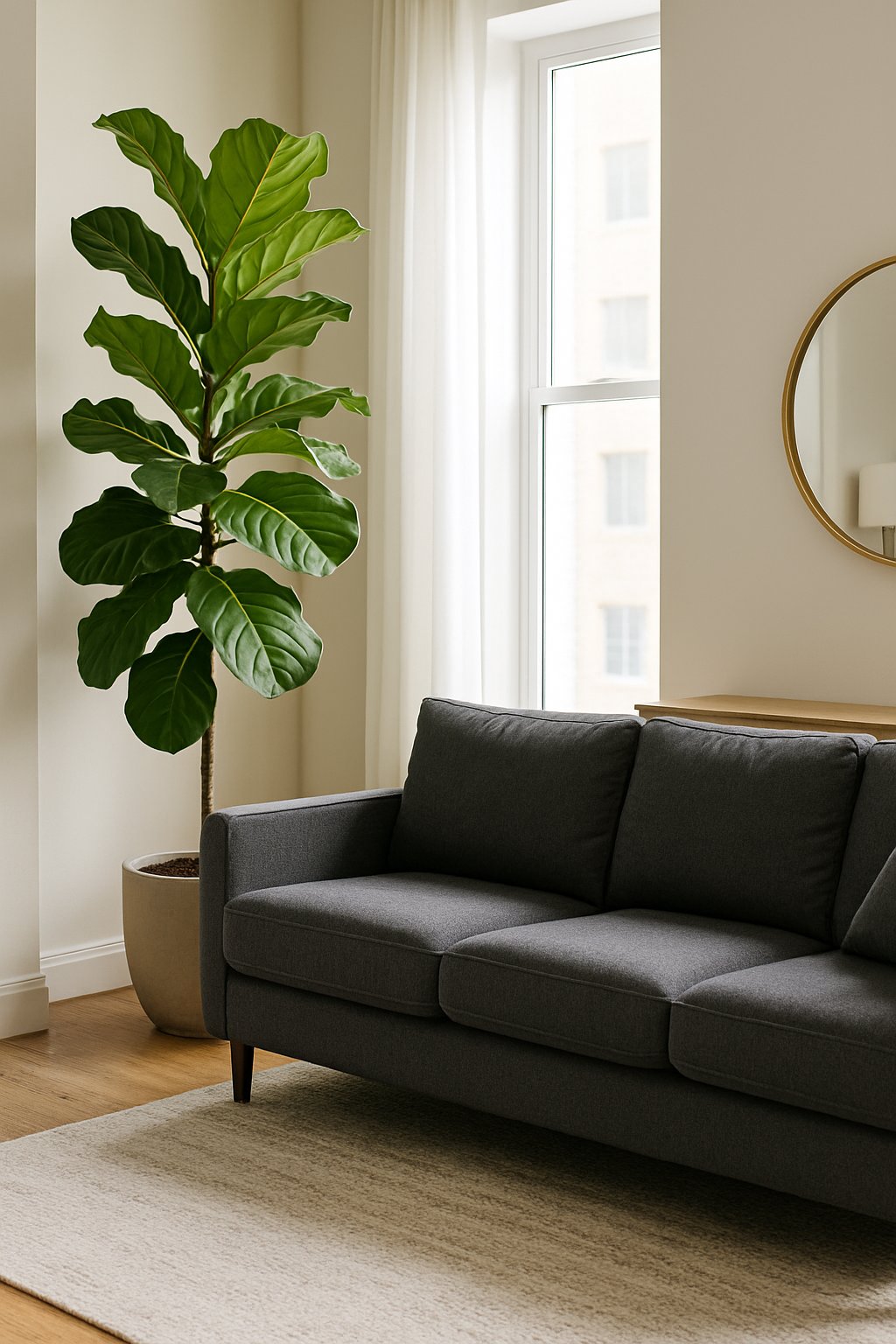 A living room with a tall fiddle leaf fig plant in the corner and a charcoal couch nearby.