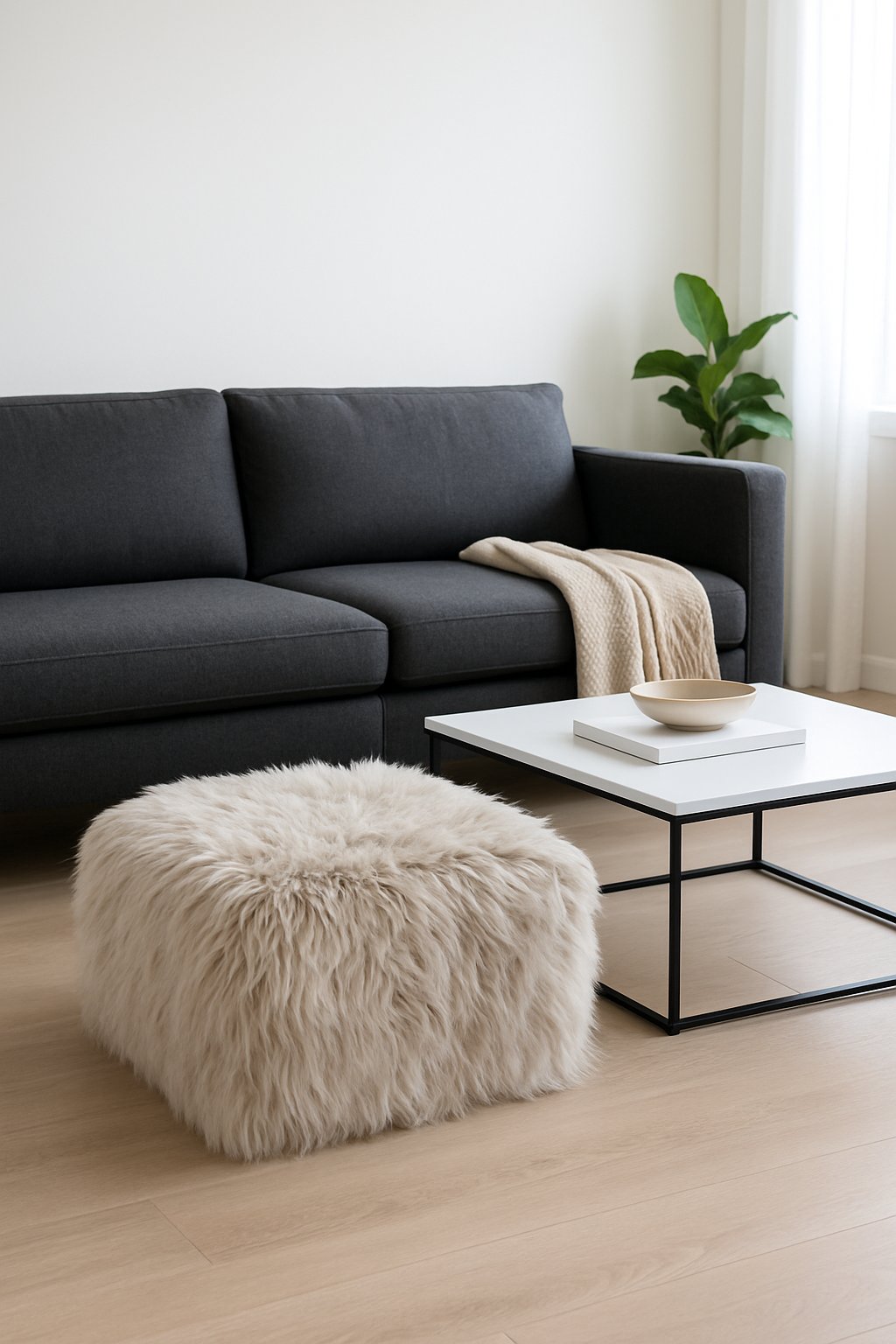 Living room with a charcoal gray couch and a soft faux fur ottoman placed in front of it.