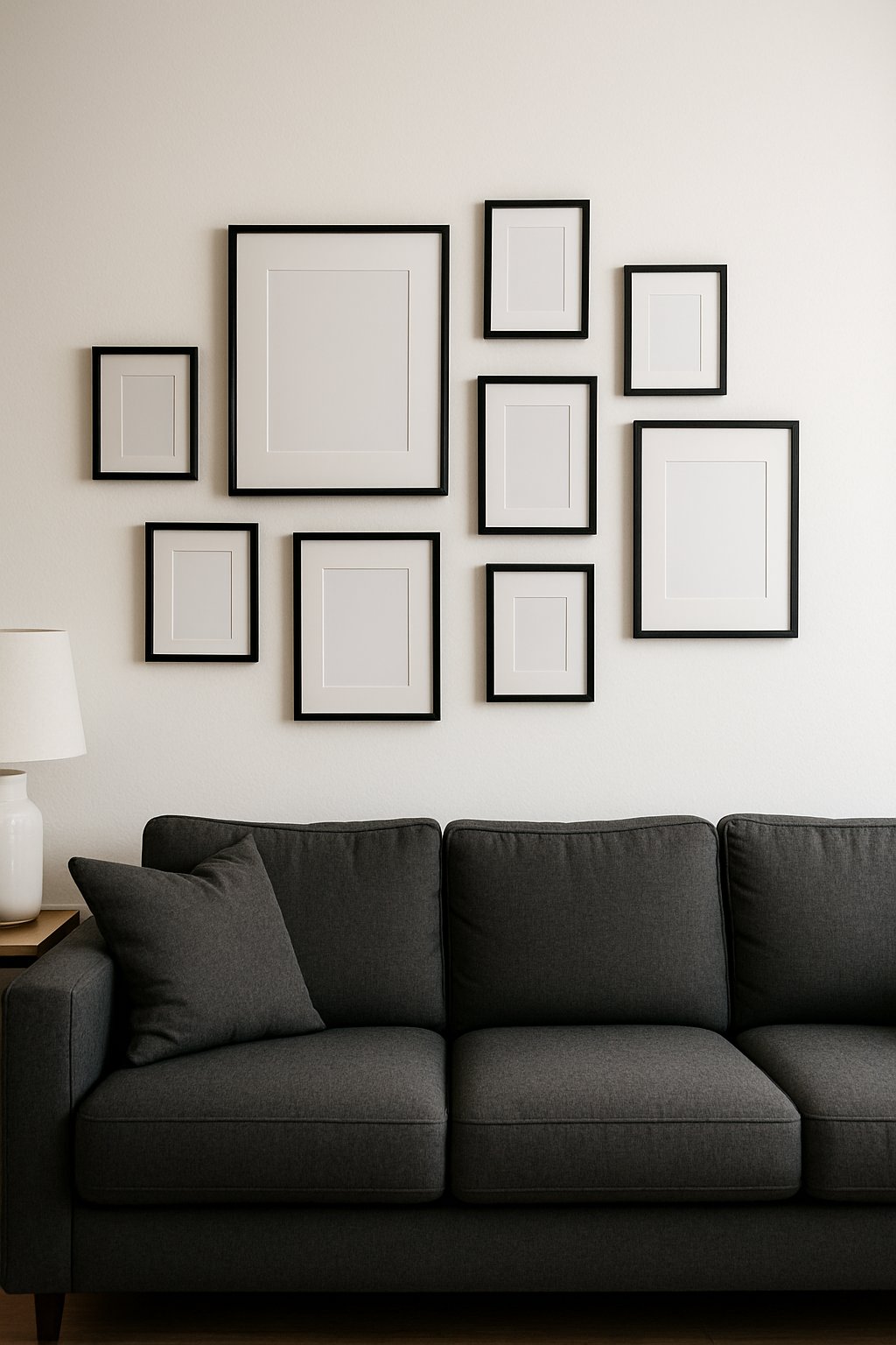 A living room with a charcoal couch and a white wall decorated with scattered black and white photo frames.
