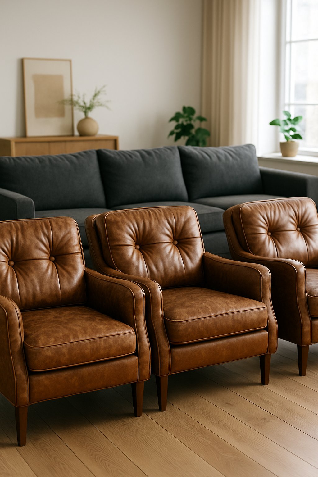 A living room with vintage leather armchairs lined up next to a charcoal couch, with wooden floors and natural light.