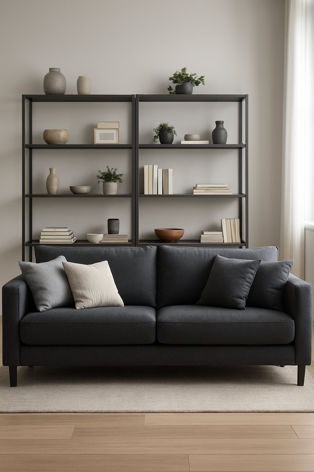 A living room with a charcoal couch and metal shelving filled with books and plants.