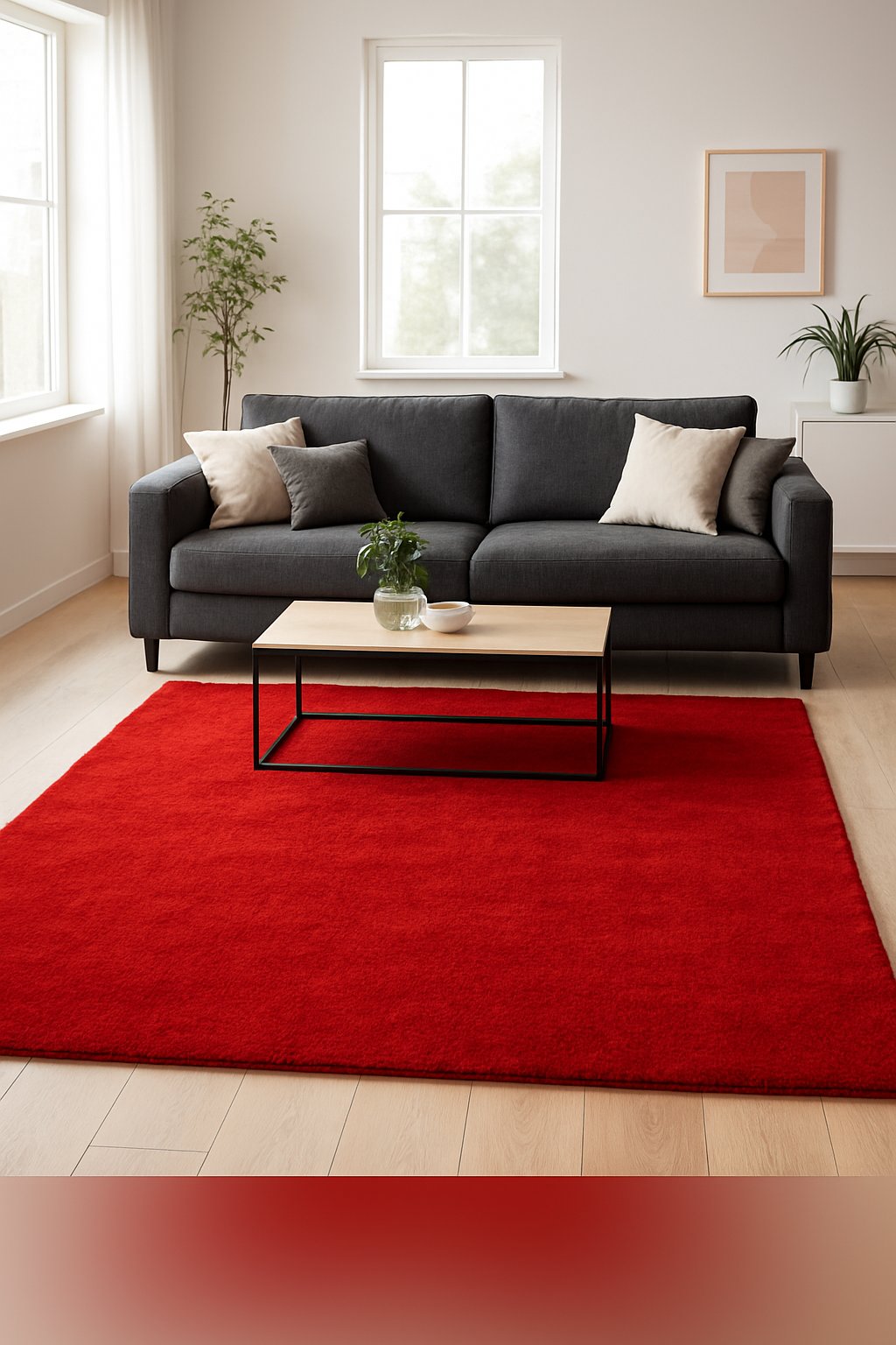 Living room with a charcoal gray couch and a bold red area rug on the floor.