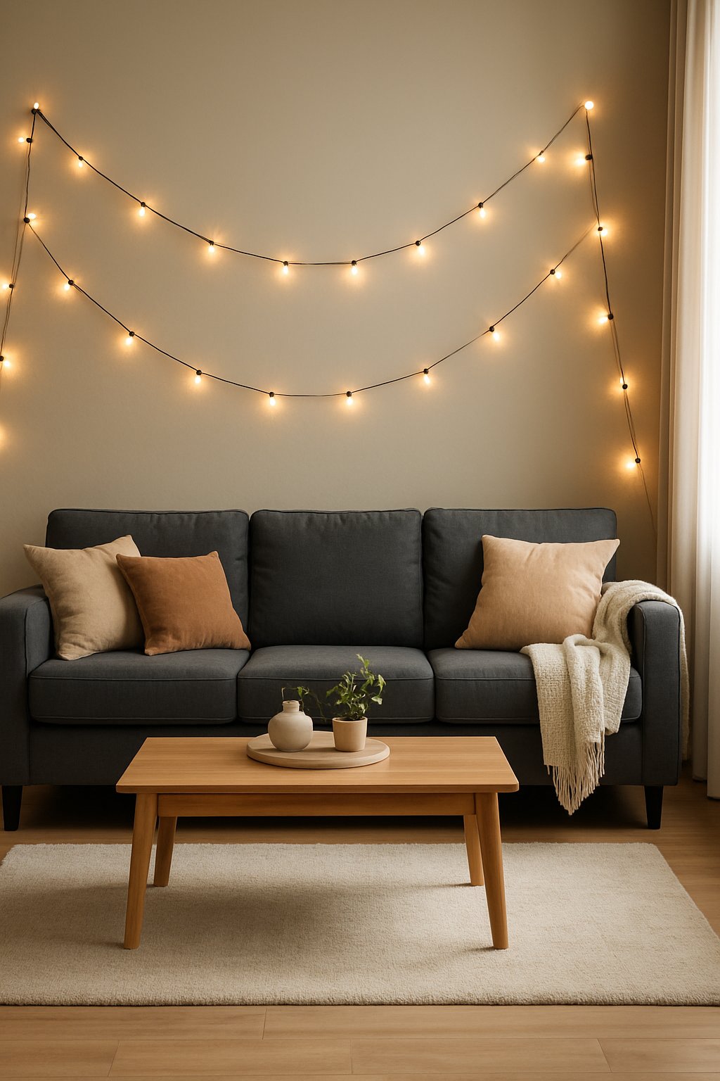 Living room with a charcoal gray couch and warm string lights draped above it, creating a cozy atmosphere.