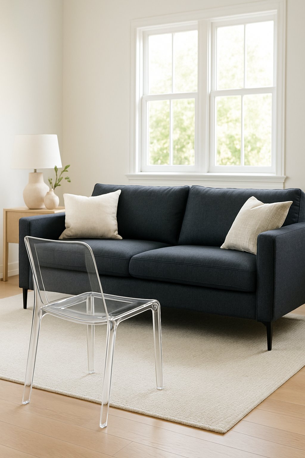 Living room with a charcoal couch and a clear acrylic chair in front of it, illuminated by natural light.