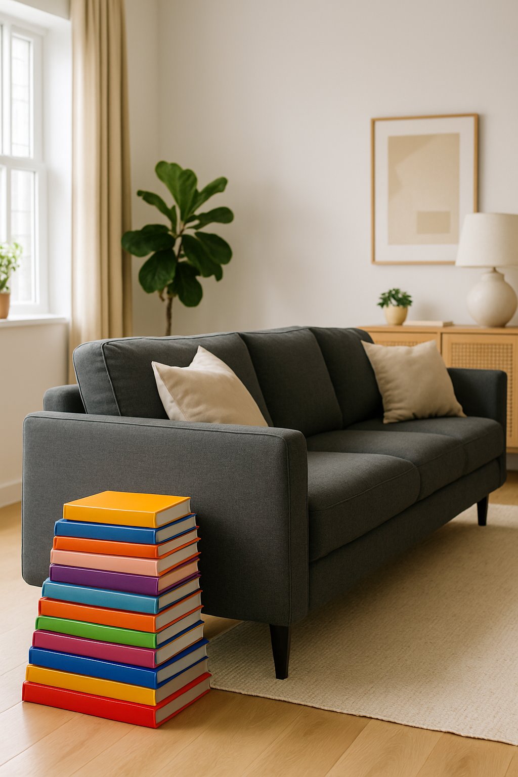 A living room with a charcoal gray couch and a stack of colorful art books beside it.