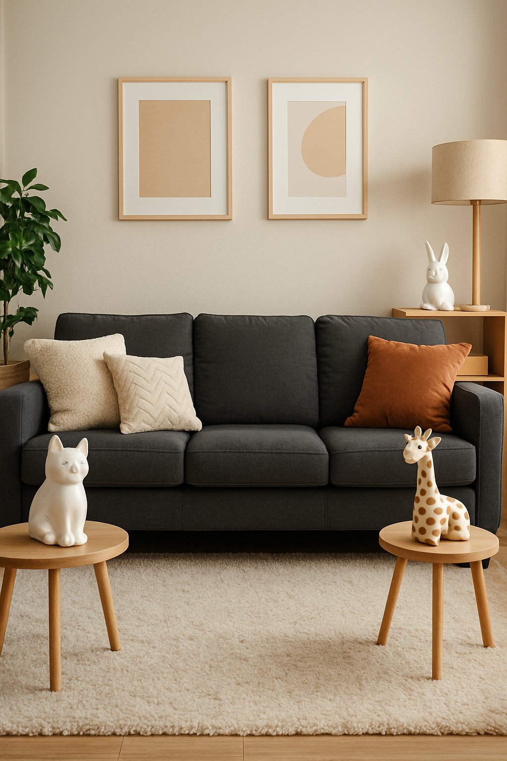 Living room with a charcoal gray couch and quirky ceramic animal figurines displayed on nearby tables and shelves.
