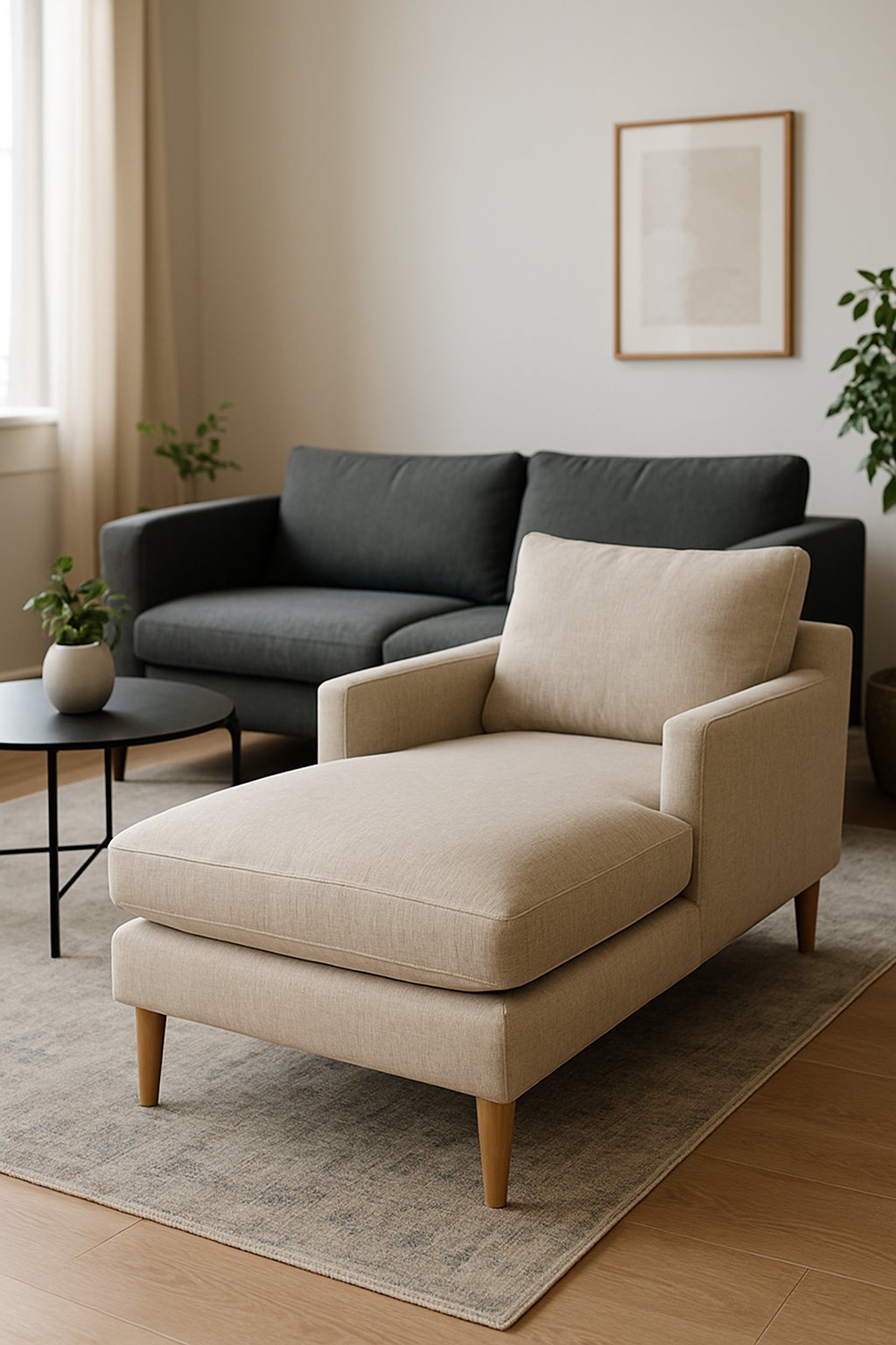 Living room with a beige linen chaise lounge next to a charcoal gray couch, featuring a coffee table, rug, and indoor plants.