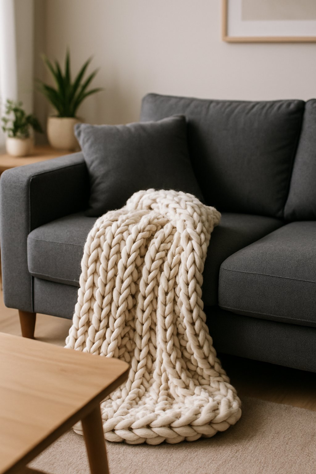 Charcoal gray couch in a living room with a chunky knit throw blanket draped over the arm.