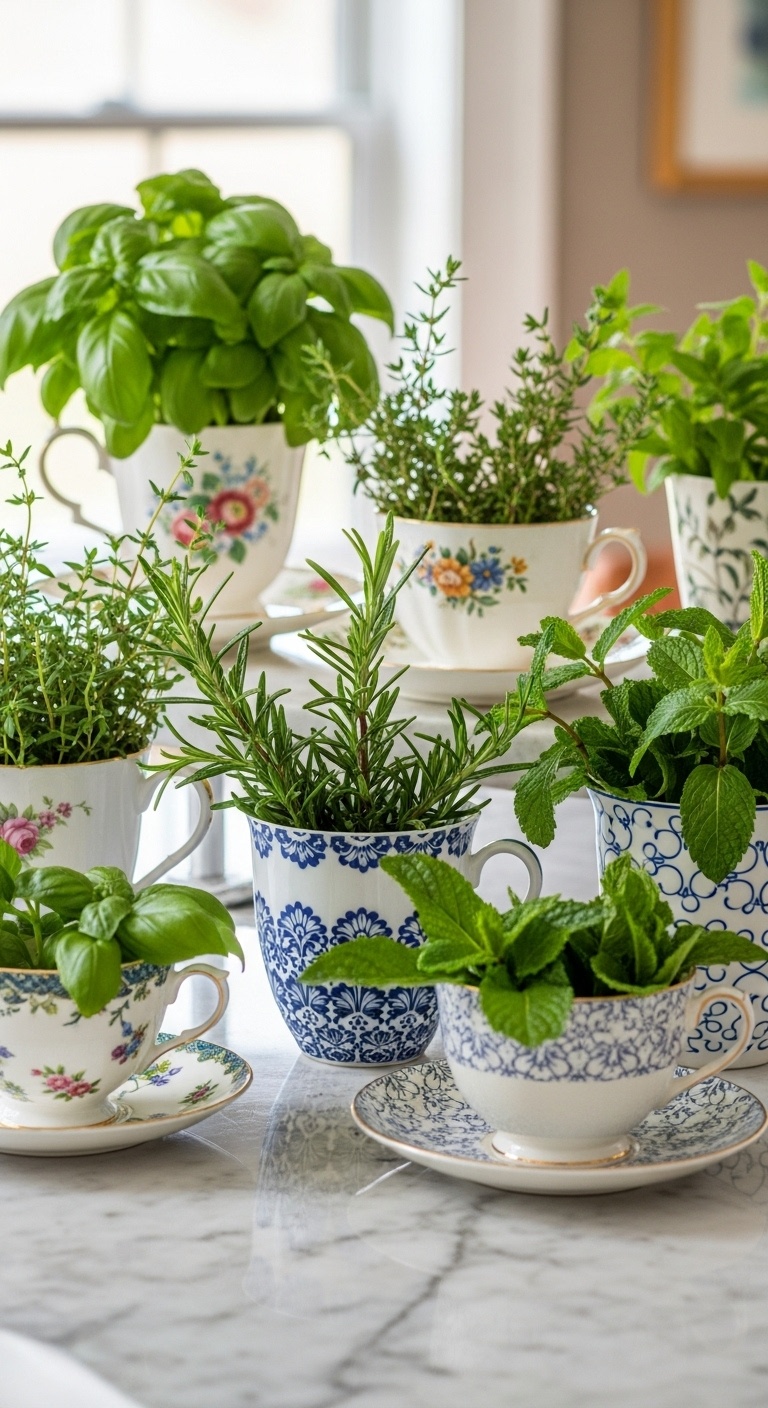 Fresh herb garden in mismatched teacups