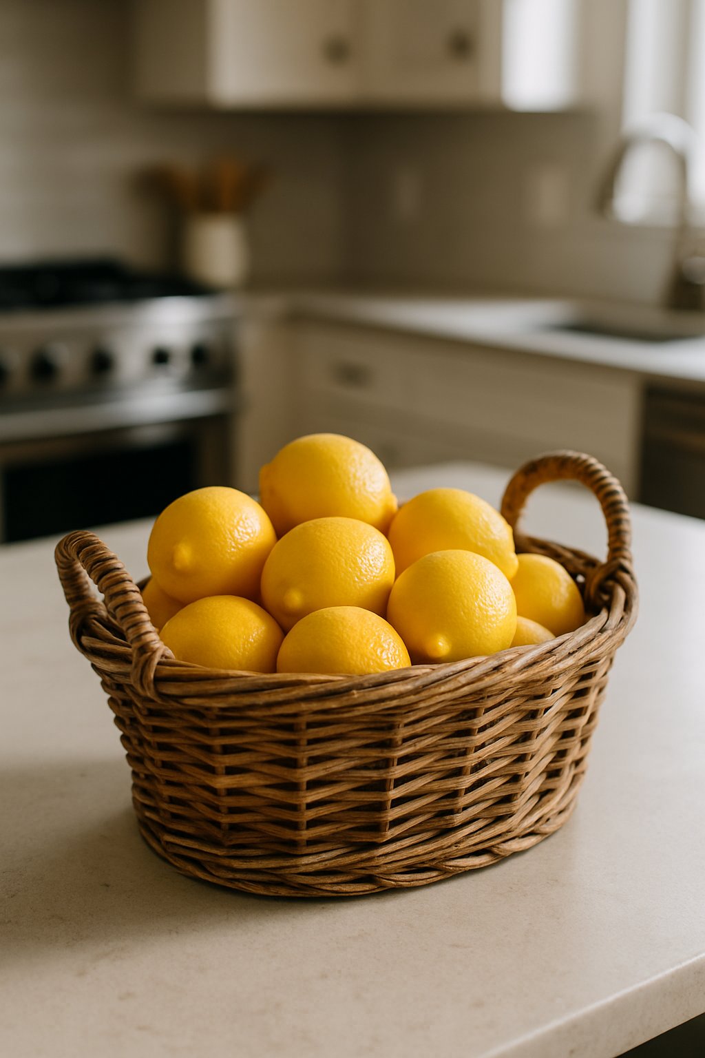 A vintage woven bread basket filled with lemons placed on a kitchen island countertop.