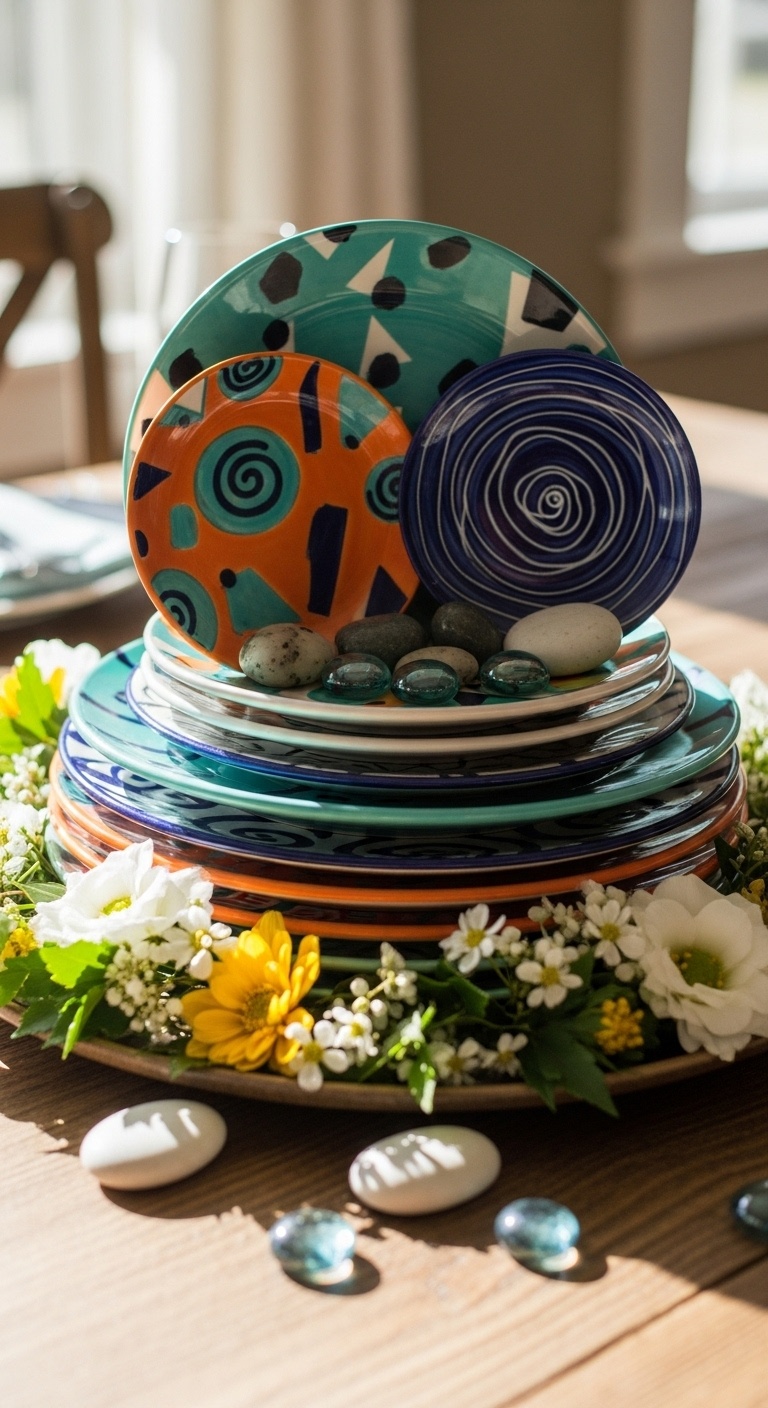 Stack of colorful patterned ceramic plates arranged on a kitchen island countertop with kitchen items in the background.