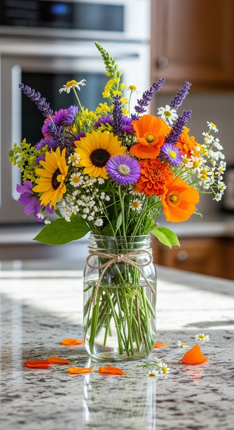 Mason jar full of bright wildflowers