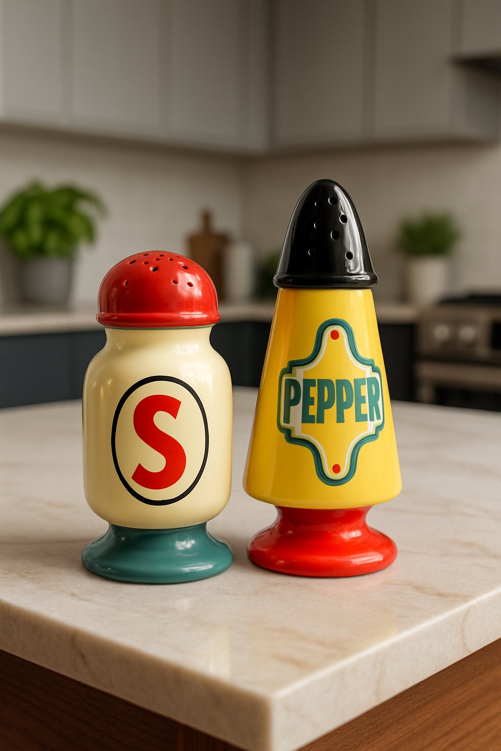 A set of colorful retro salt and pepper shakers displayed on a kitchen island with modern kitchen elements in the background.