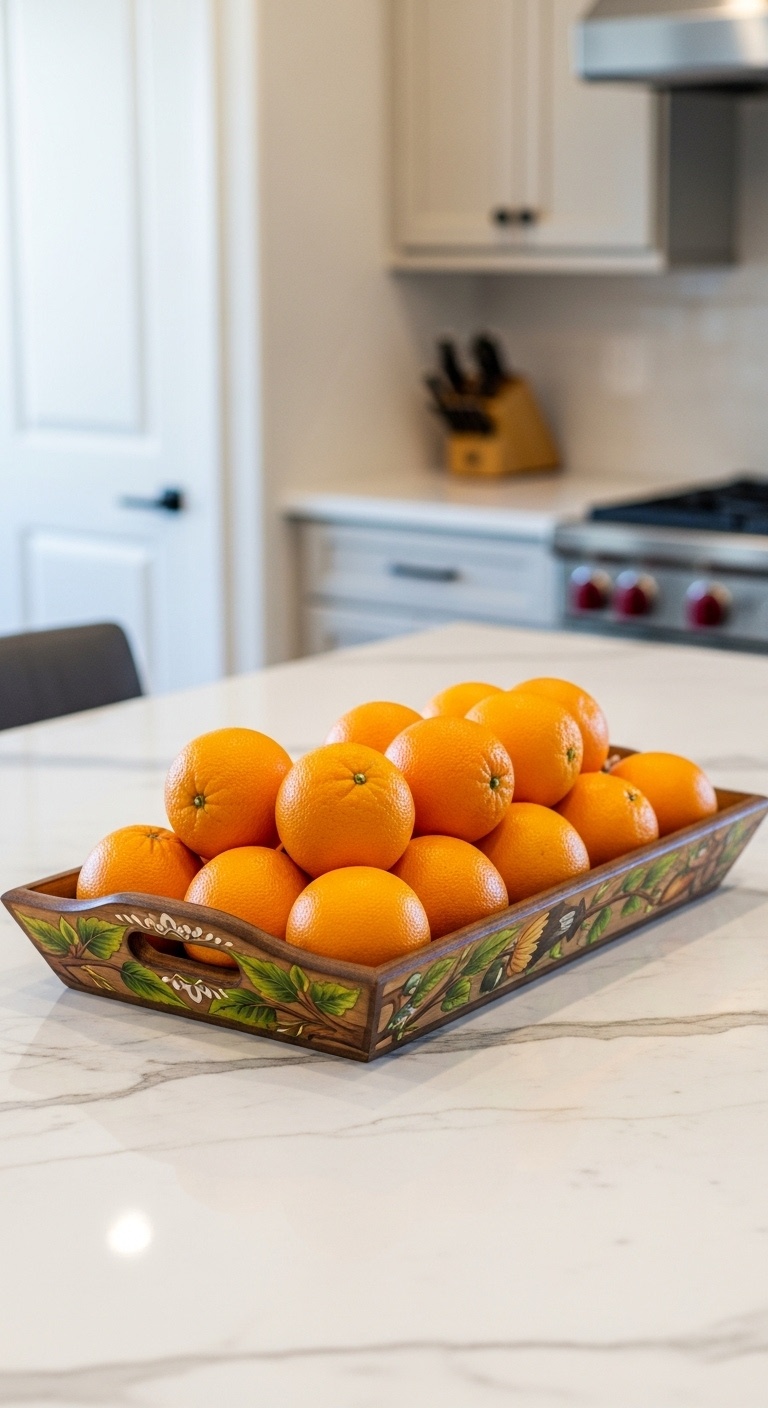 Hand-painted wooden tray with fresh oranges