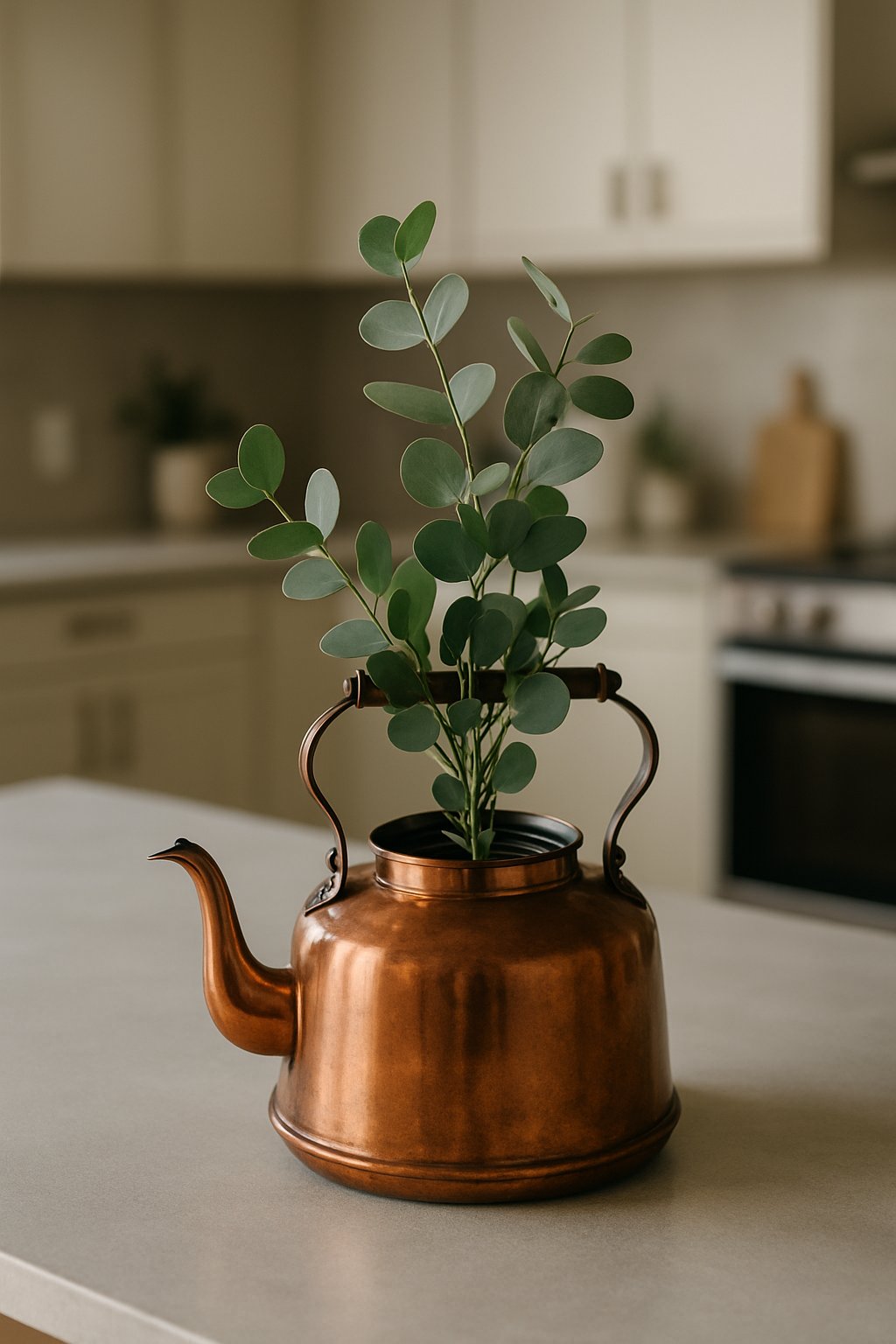 Copper kettle with eucalyptus branches floating inside, placed on a kitchen island countertop.