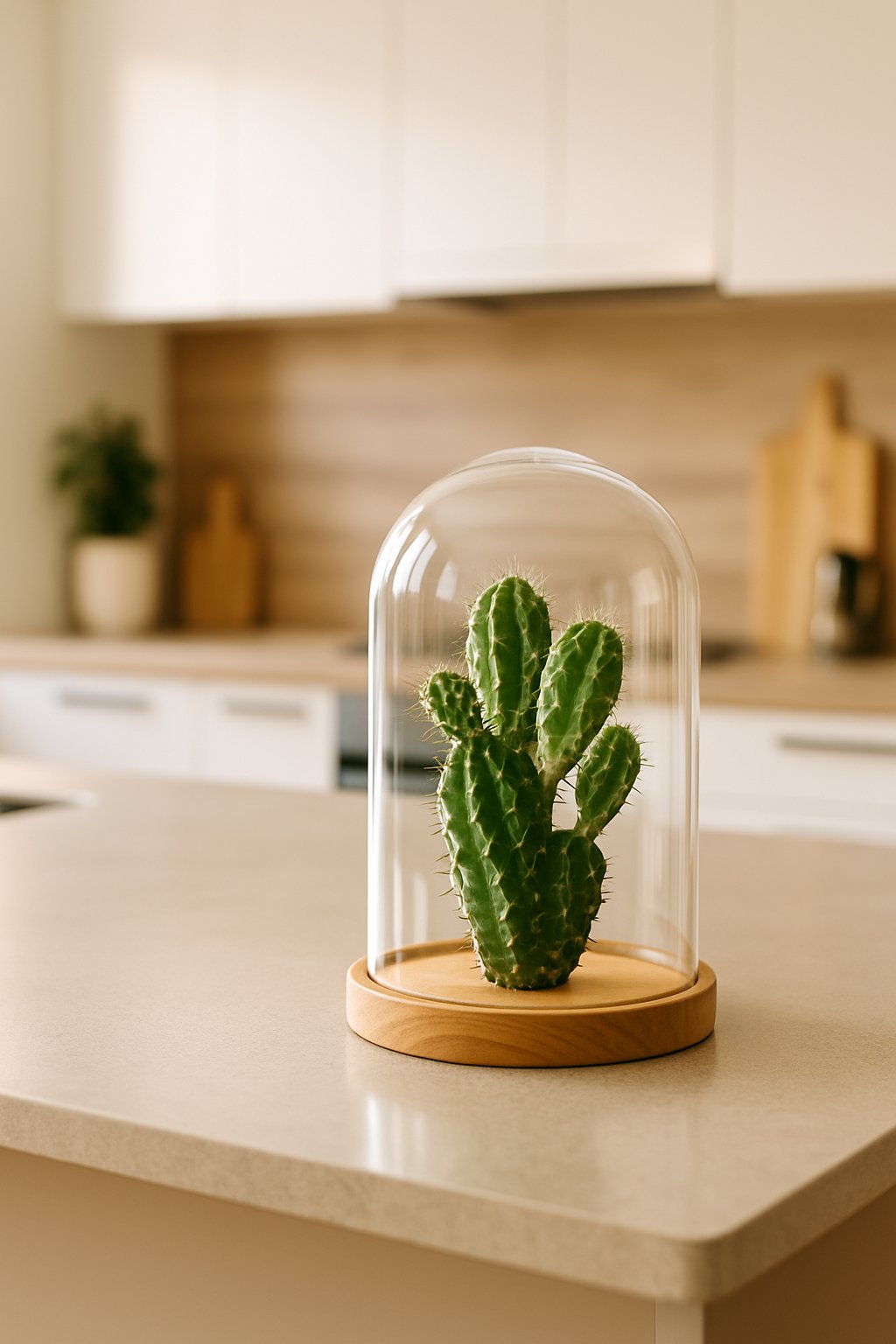 A kitchen island with a glass dome covering an exotic cactus as a centerpiece.