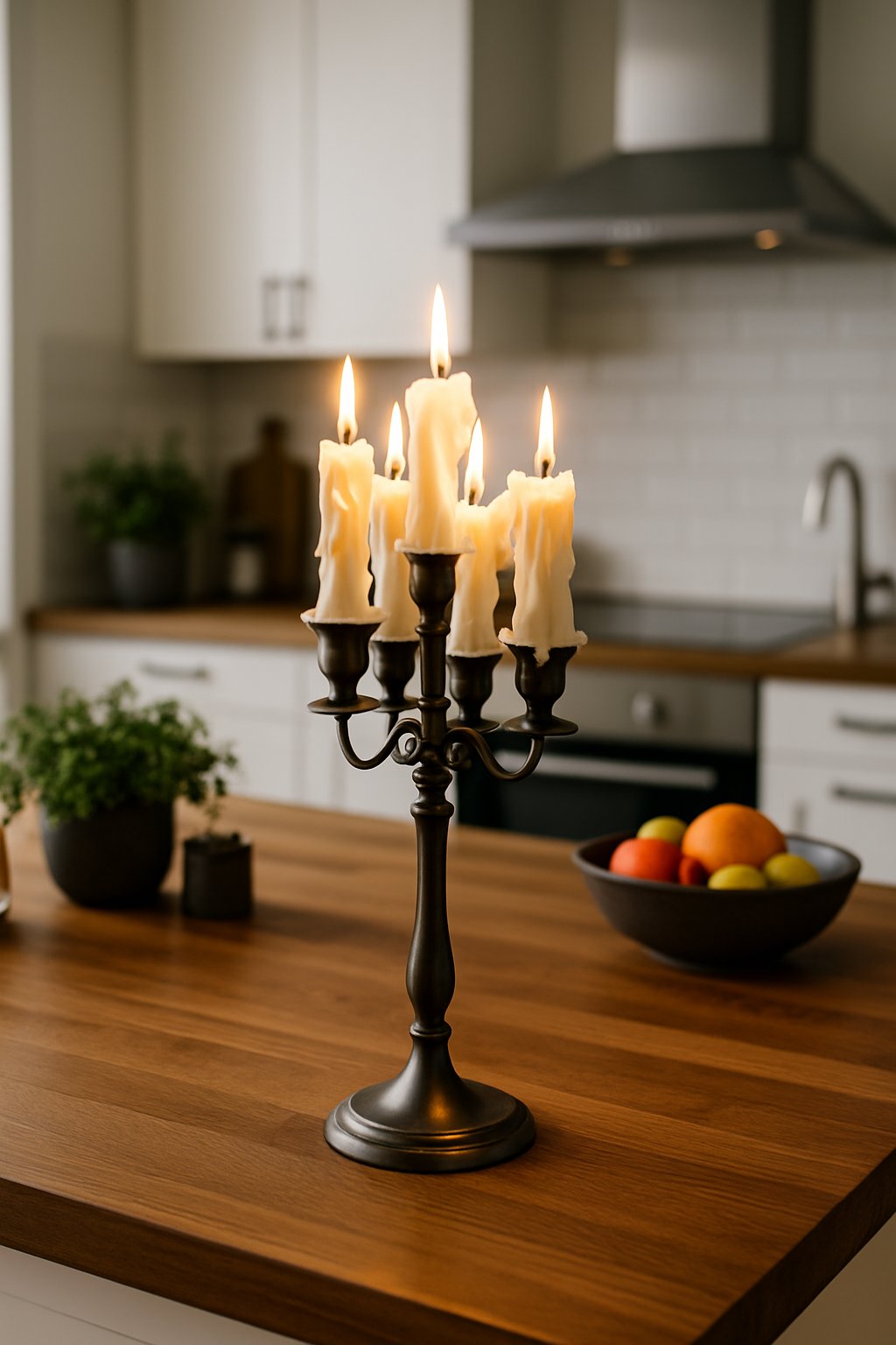 A kitchen island with a metal candlestick holding several lit, melting candles surrounded by kitchen items.
