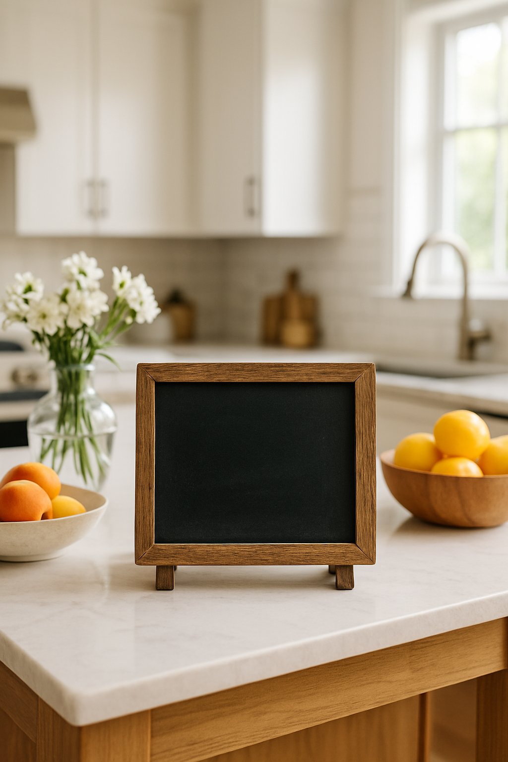 Small chalkboard sign on a decorated kitchen island with flowers, fruit bowls, and kitchen utensils in a bright kitchen.