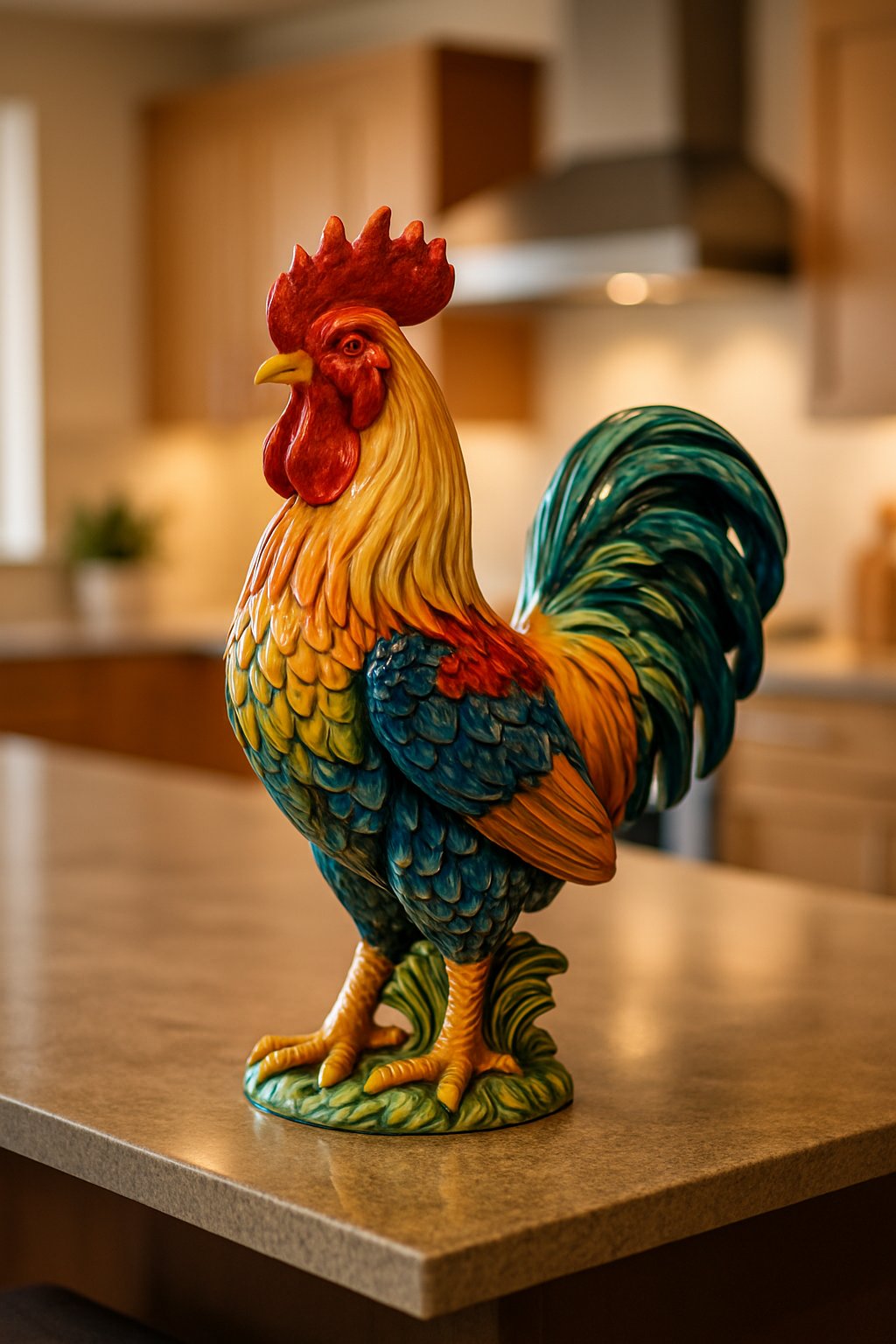 A colorful ceramic rooster statue displayed on a kitchen island in a modern kitchen.