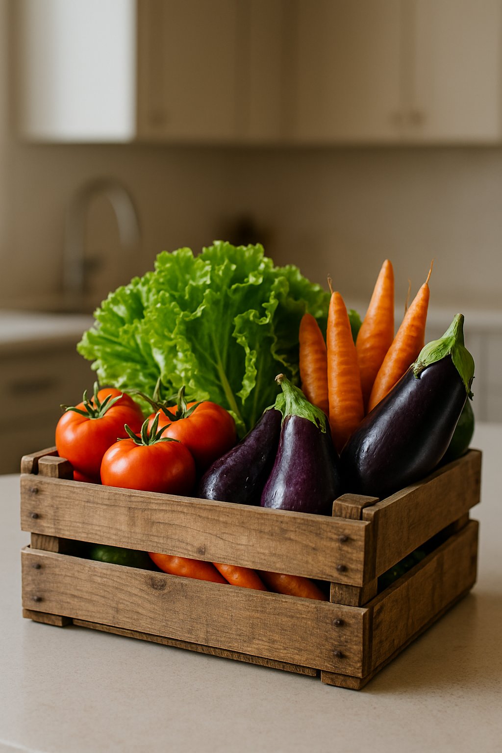 A wooden crate filled with fresh vegetables placed on a kitchen island countertop.