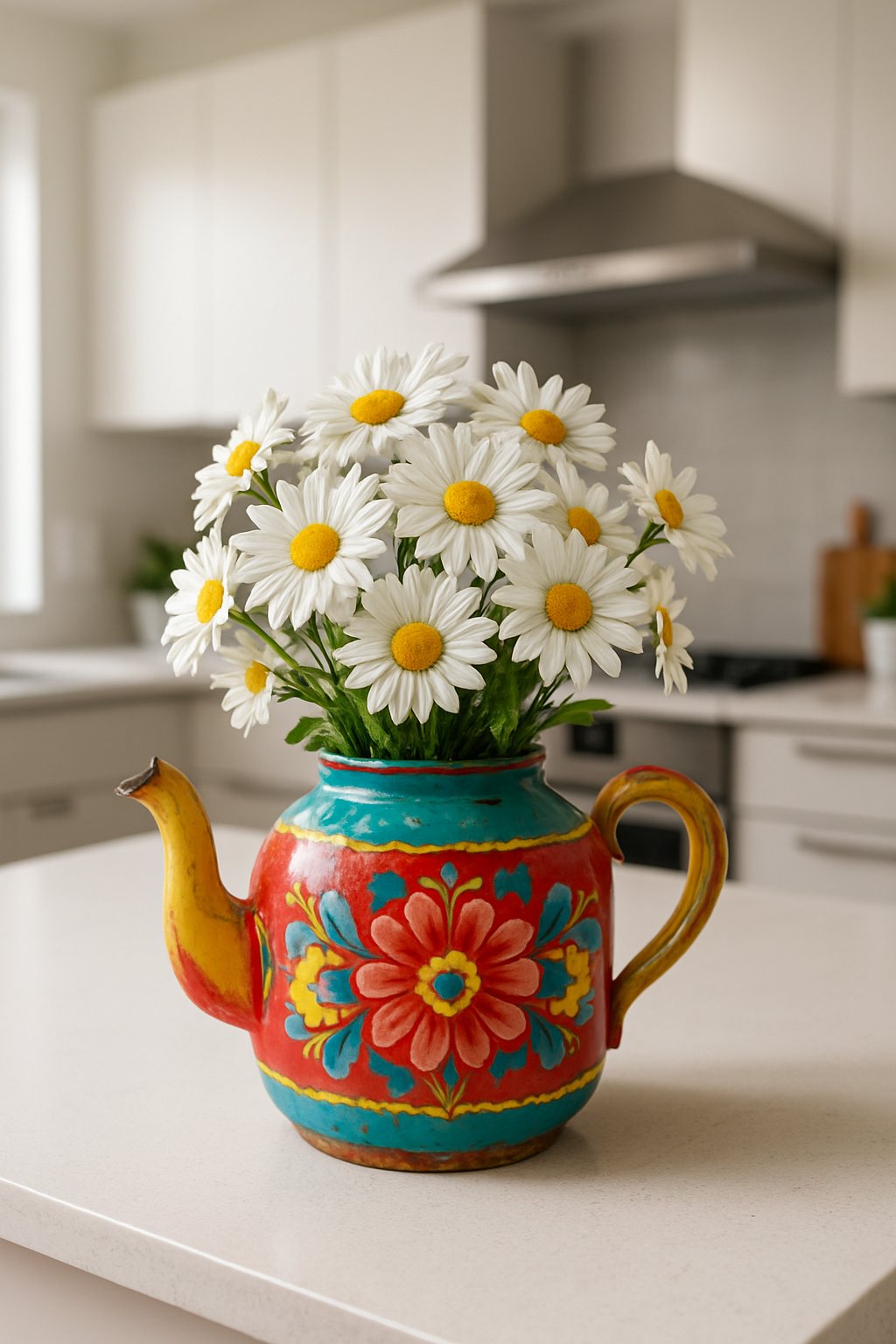 A vintage teapot painted in bright colors holding fresh white daisies, placed on a kitchen island.